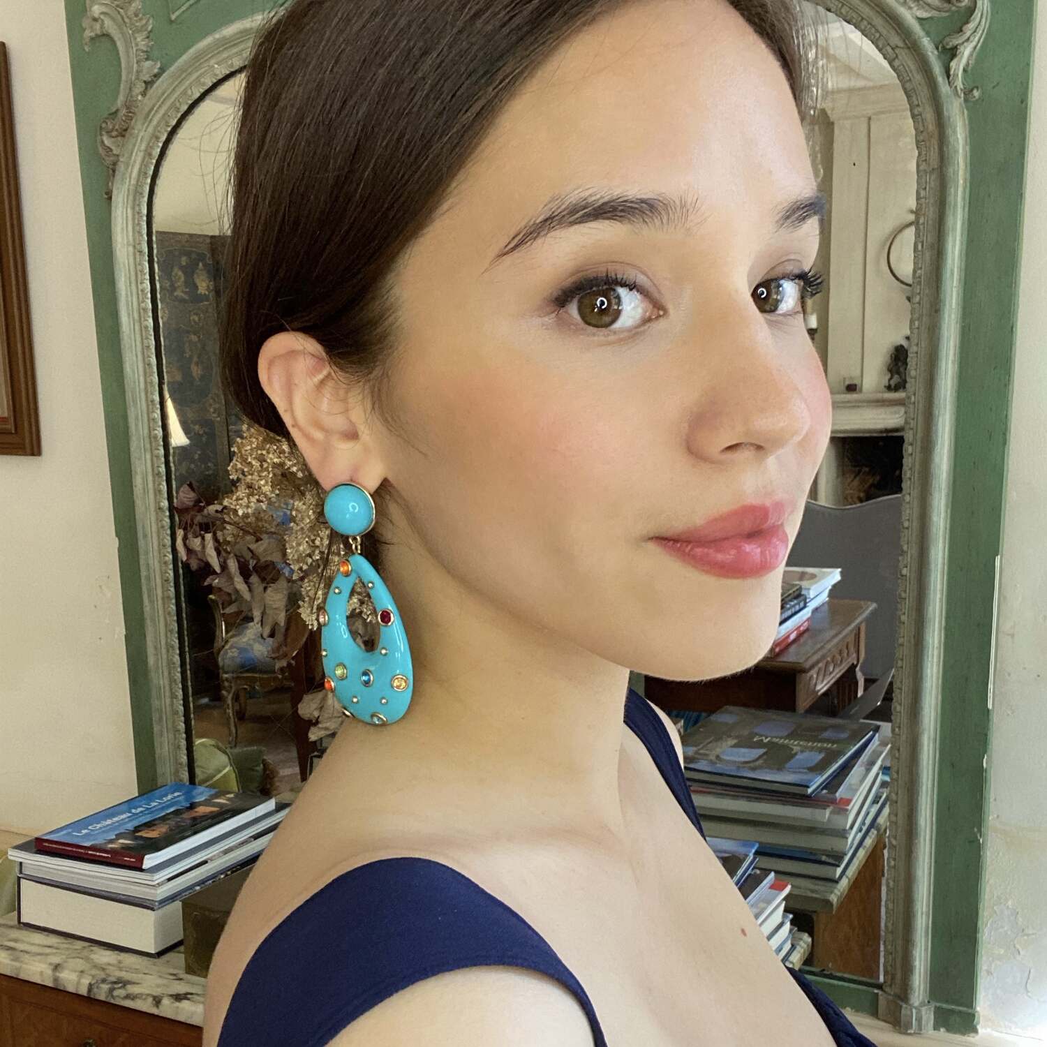 Studded Turquoise Resin Large Hoop Earrings