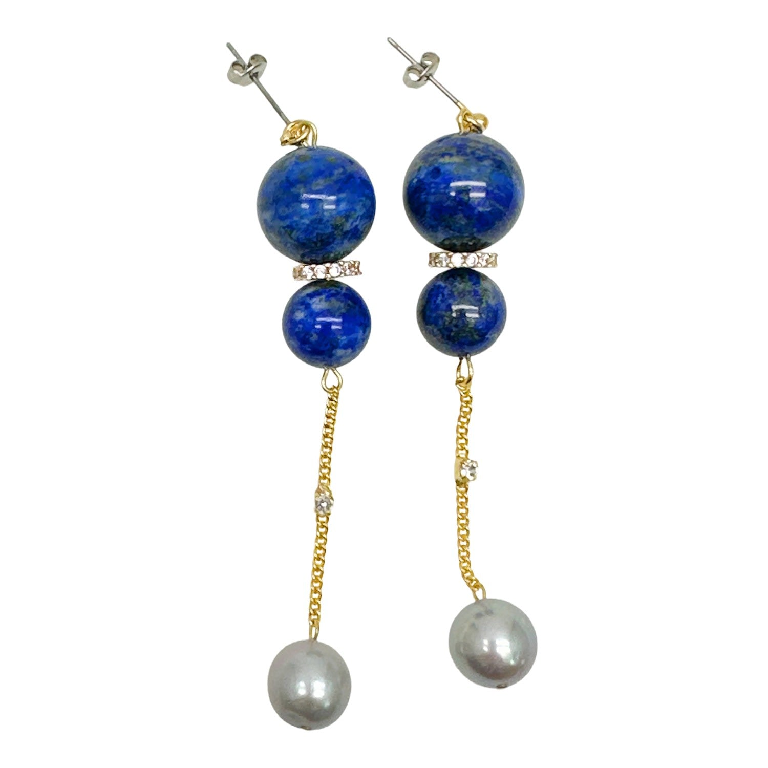 Stylish Blue Lapis And Gray Freshwater Pearls Dangle Earrings