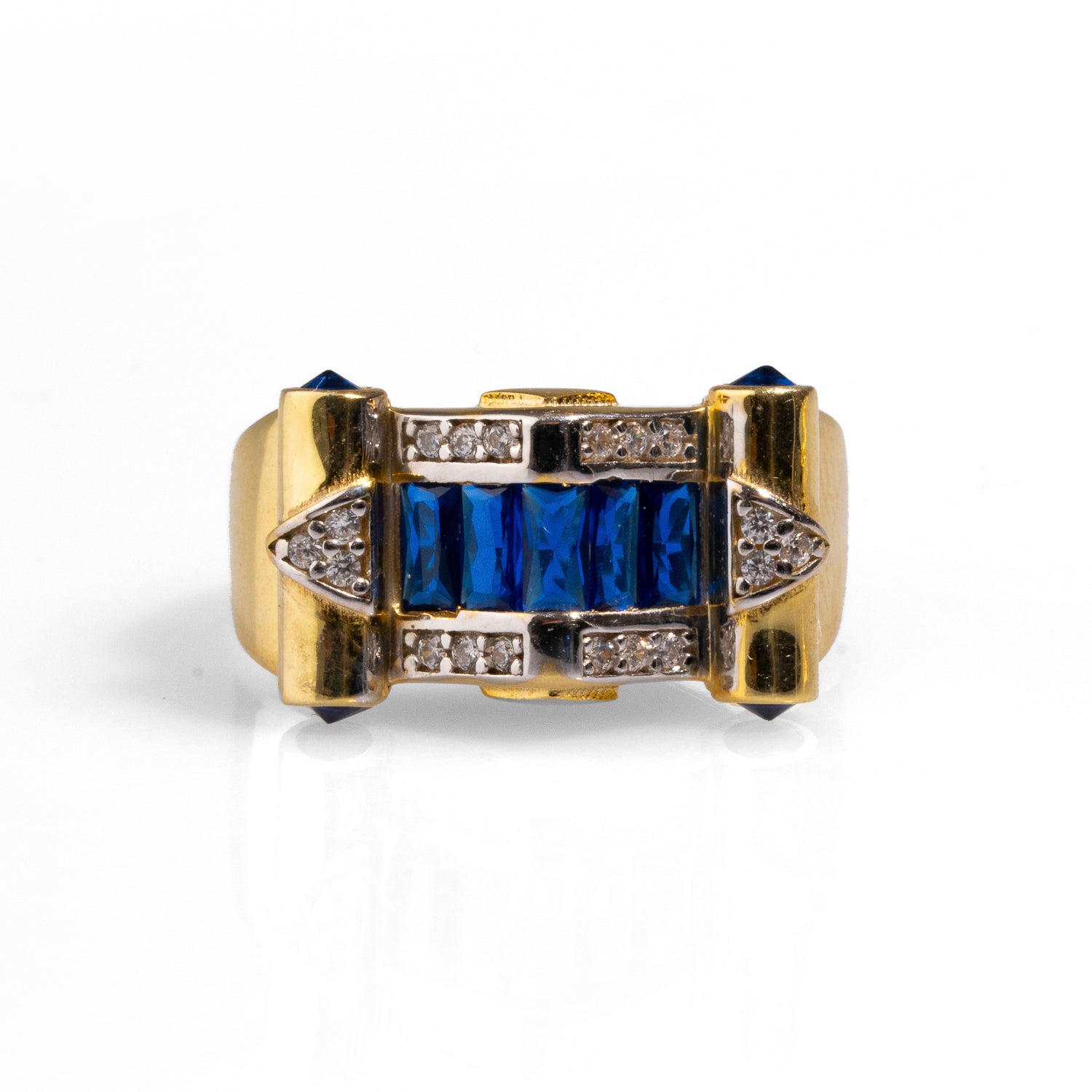 Stylish Sapphire & Diamond Gold Statement Adjustable Ring - Gold