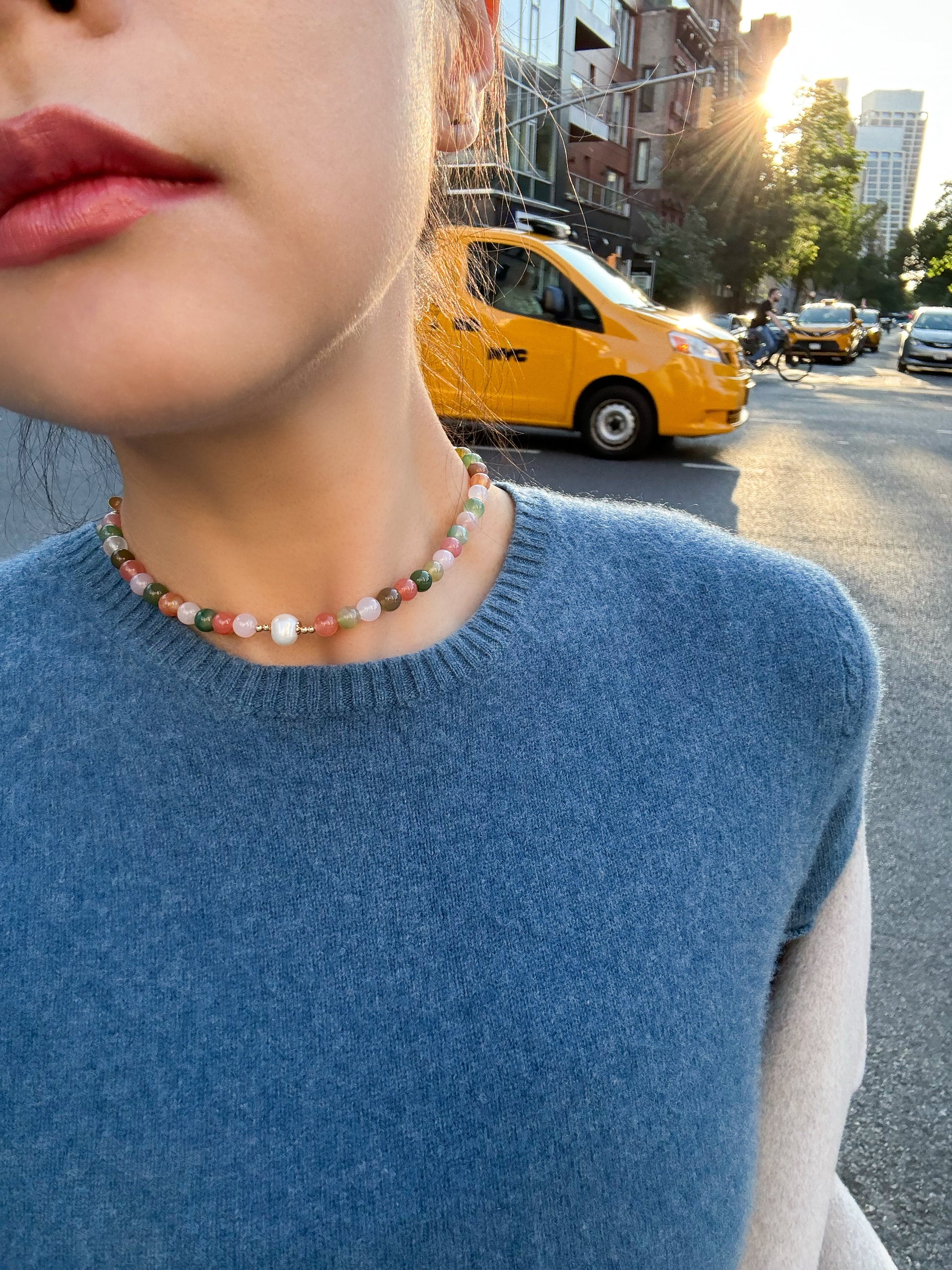 Summer Beaded Gemstone & Pearl Choker Necklace