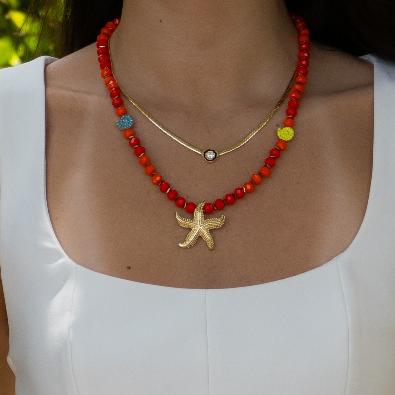Summer Joy Starfish & Shell Beaded Necklace - Red