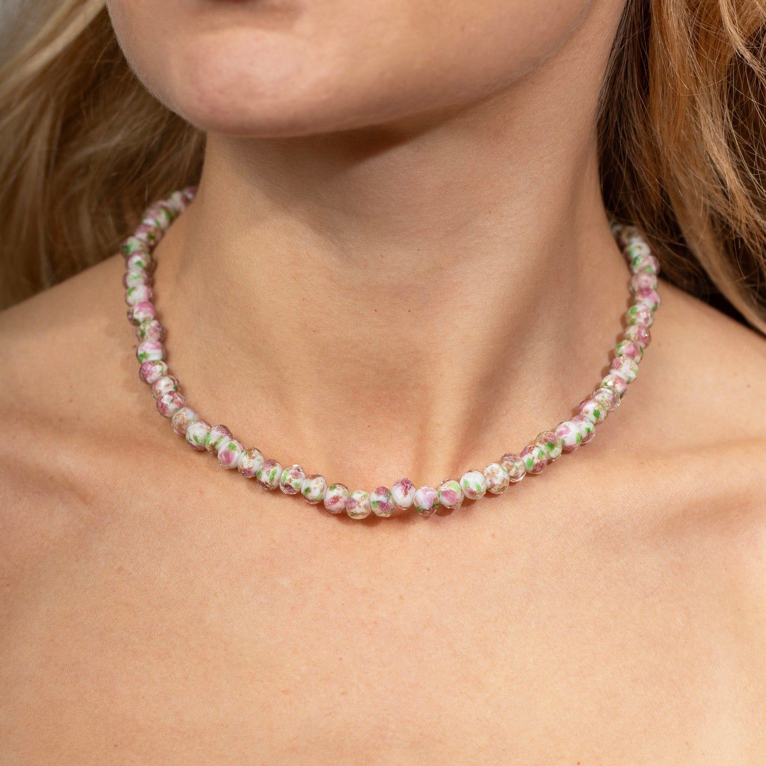 Summer Rose Glass Beaded Necklace In Silver