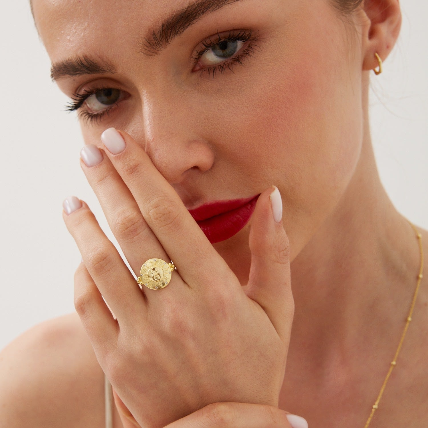 Sun And Face Embossed Sterling Silver Ring - Gold