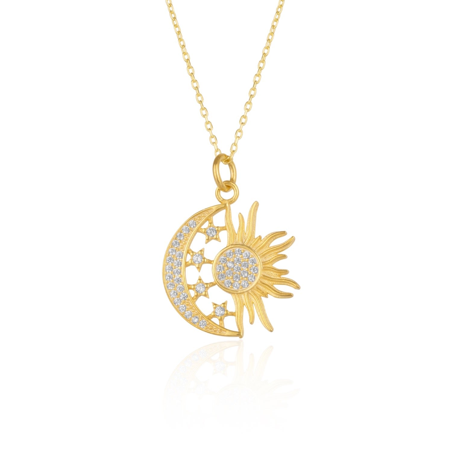 Sun And Moon Embossed Star Sterling Silver Gold Vermeil Pendant Necklace