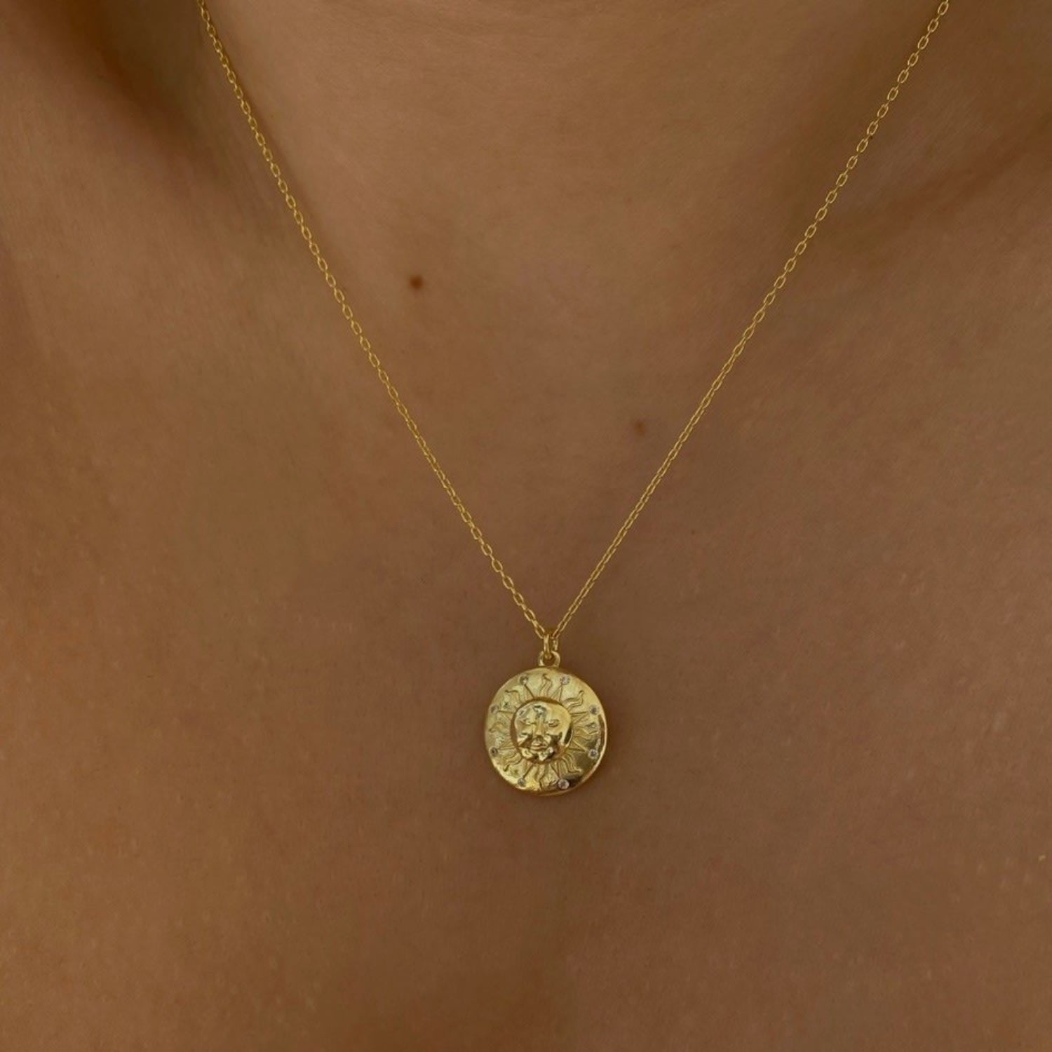 Sun Embossed Silhouette Sterling Silver Medal Necklace - Gold