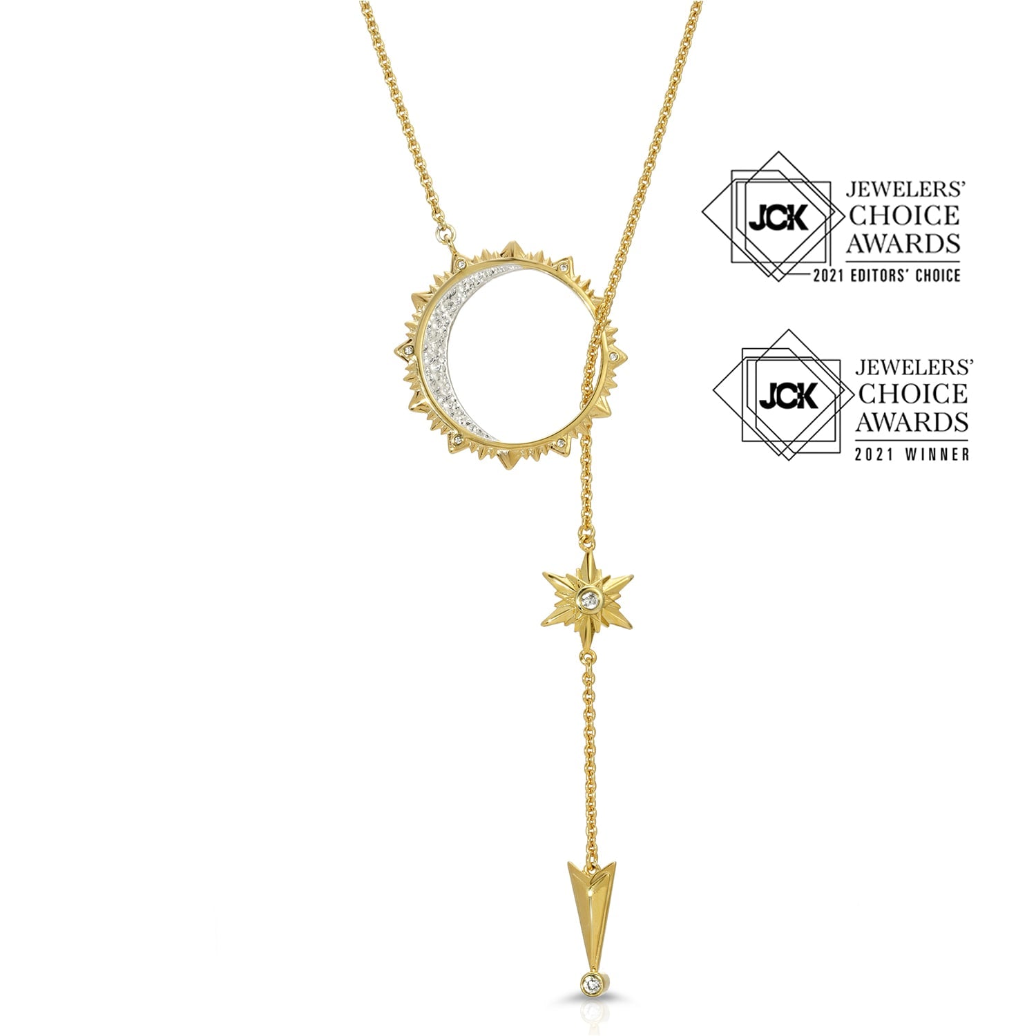 Sun, Moon & Stars Lariat Drop Necklace Gold Over St. Silver