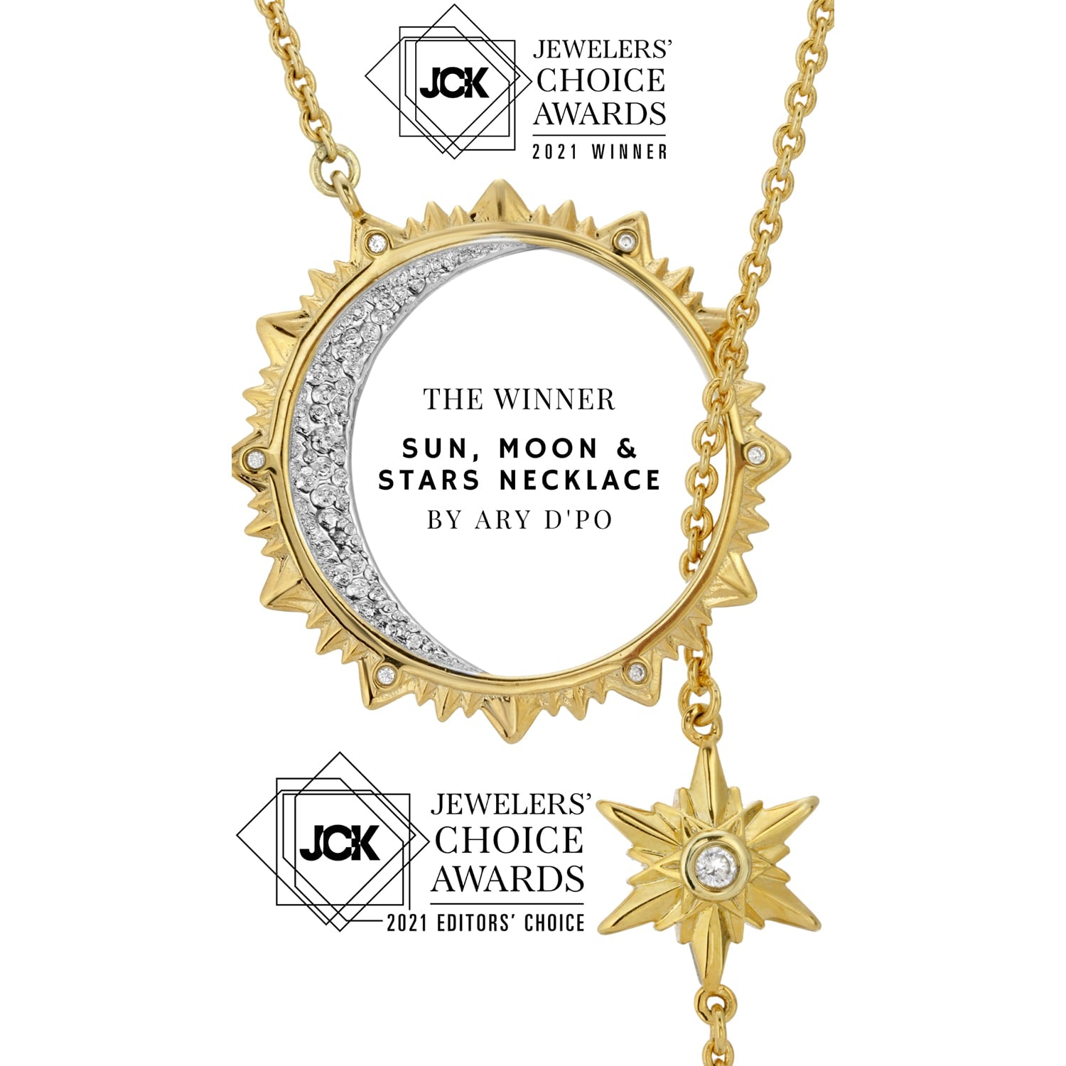 Sun, Moon & Stars Lariat Drop Necklace Gold Over St. Silver