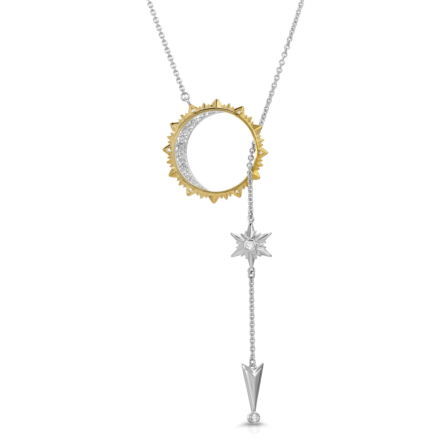 Sun, Moon & Stars Lariat Drop Necklace Rhodium Over St. Silver