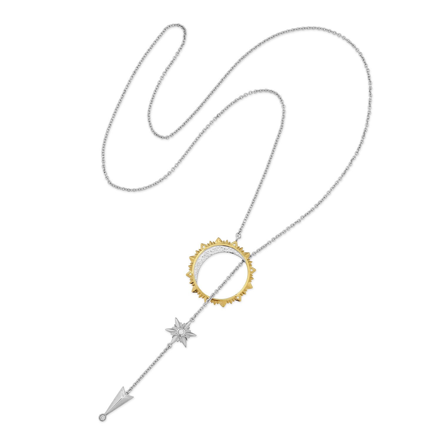 Sun, Moon & Stars Lariat Drop Necklace Rhodium Over St. Silver