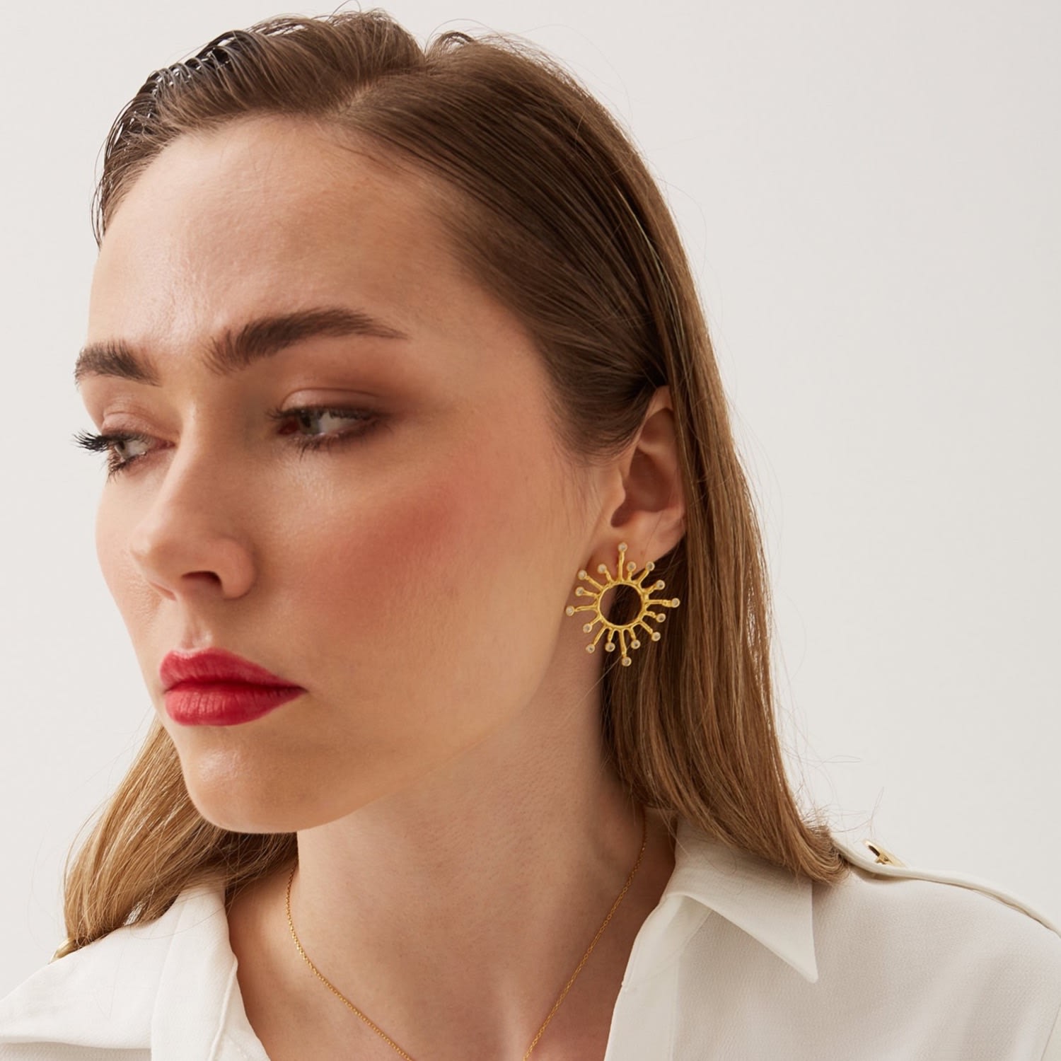 Sun Sunburst Large High Quality Crown Natural Textured Molten Sterling Silver Earring - Gold