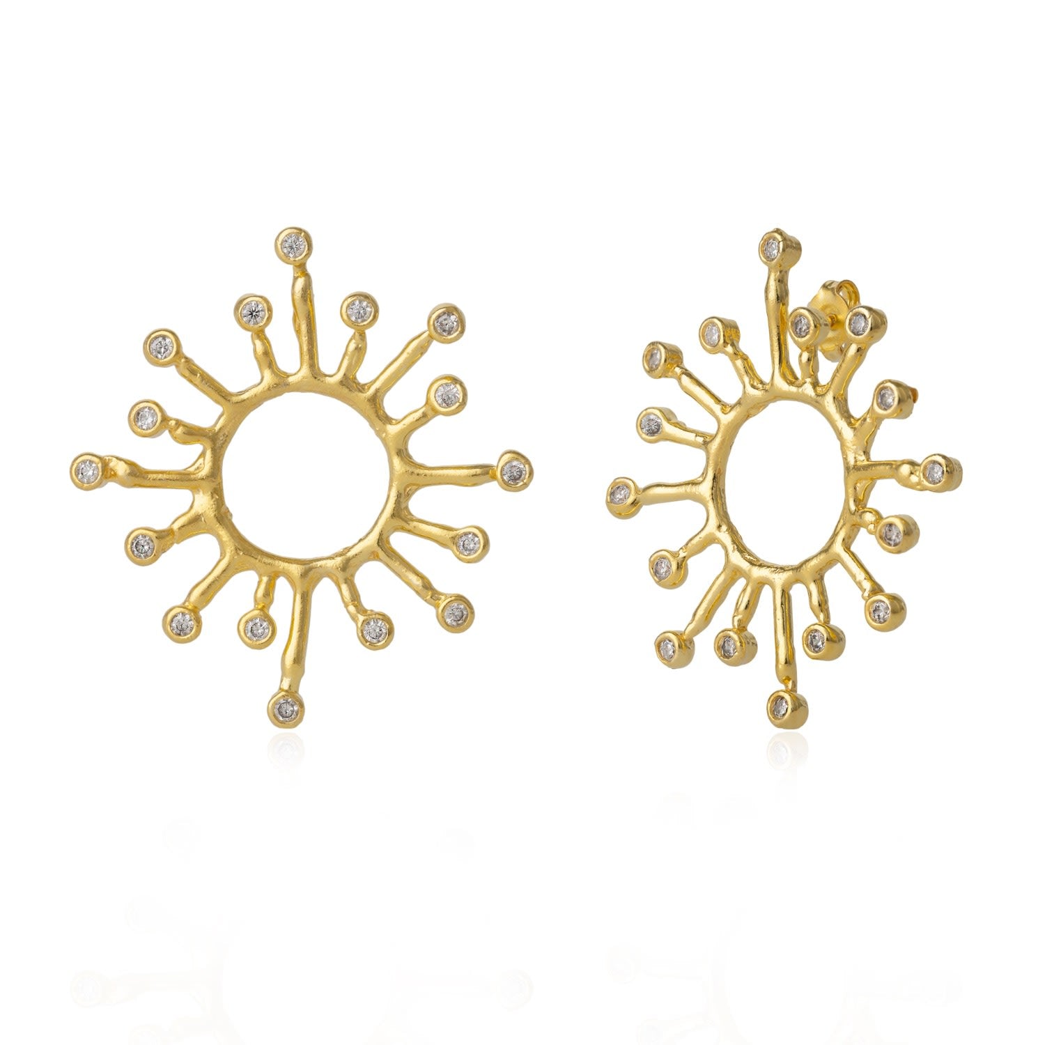 Sun Sunburst Large High Quality Crown Natural Textured Molten Sterling Silver Earring - Gold