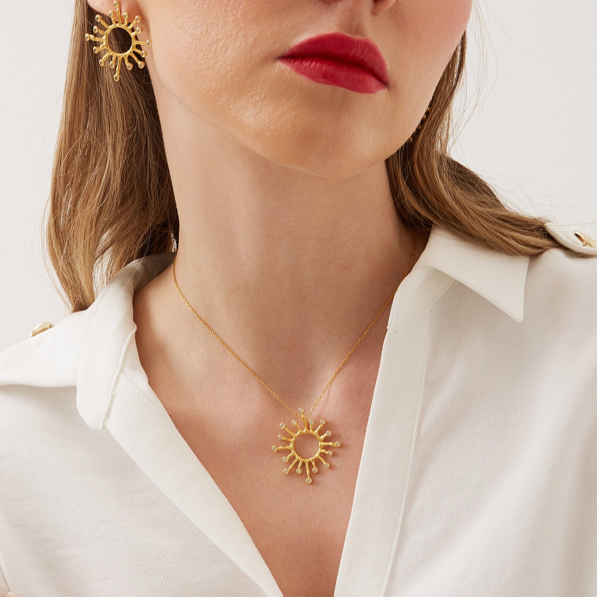 Sun Sunburst Large High Quality Crown Natural Textured Molten Sterling Silver Pendant Necklace - Gold