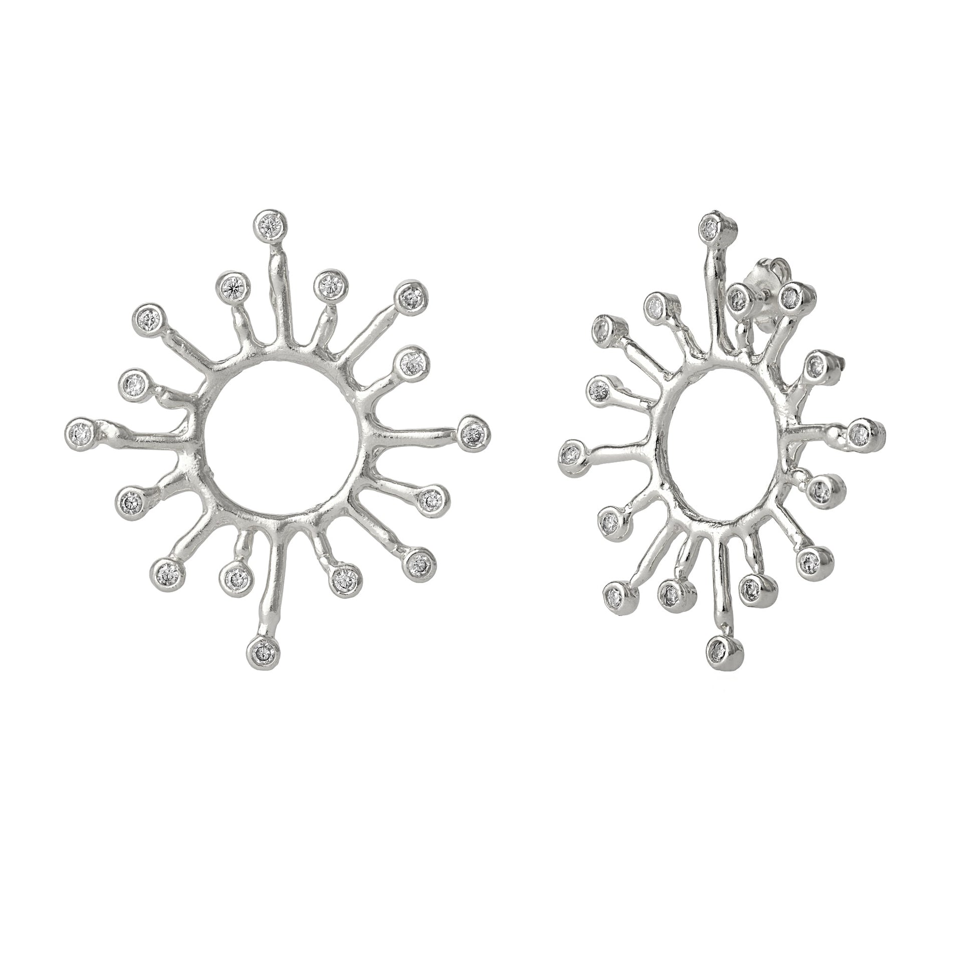Sun Sunburst Large High Quality Crown Natural Textured Molten Sterling Silver Earring - Silver