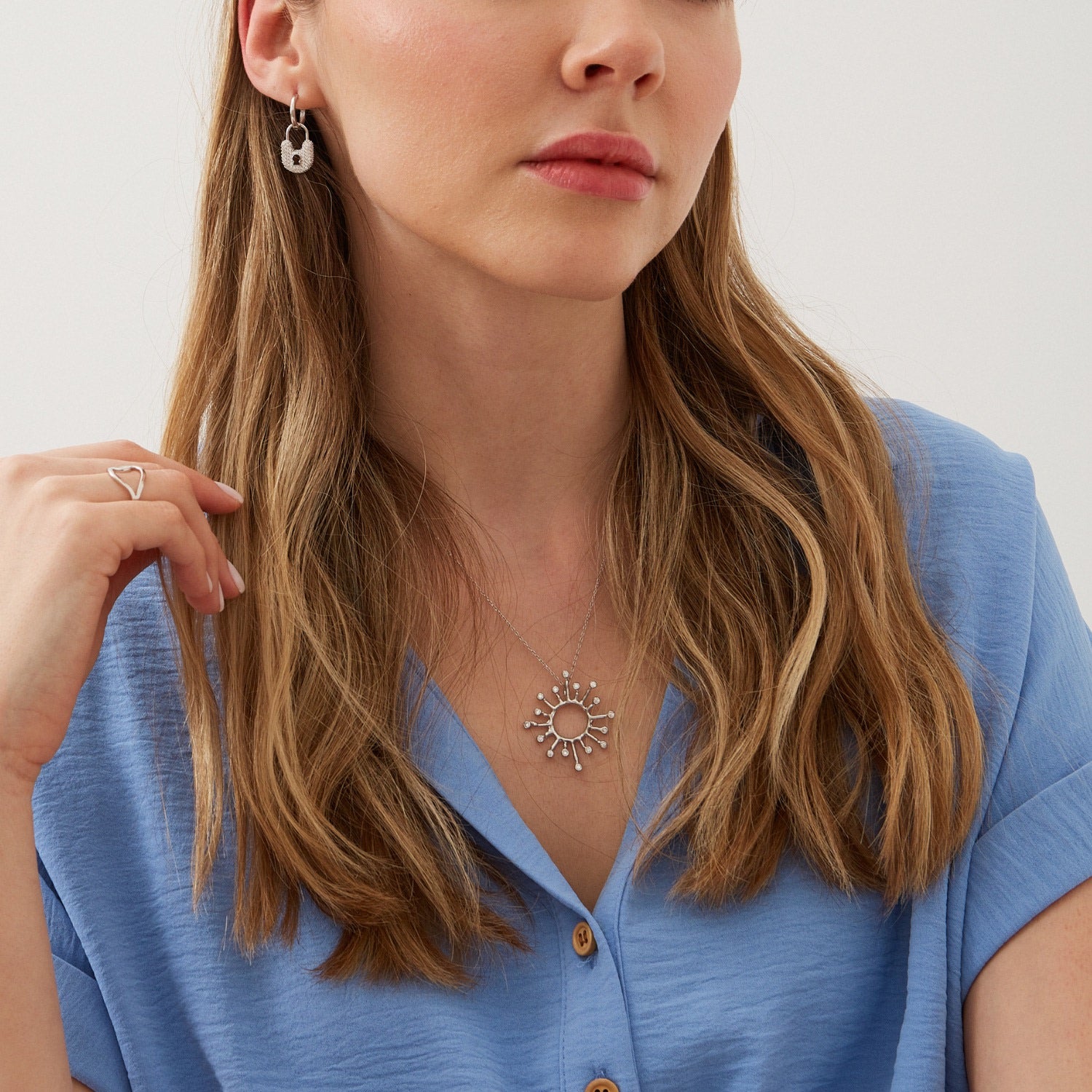 Sun Sunburst Large High Quality Crown Natural Textured Molten Sterling Silver Pendant Necklace - Silver