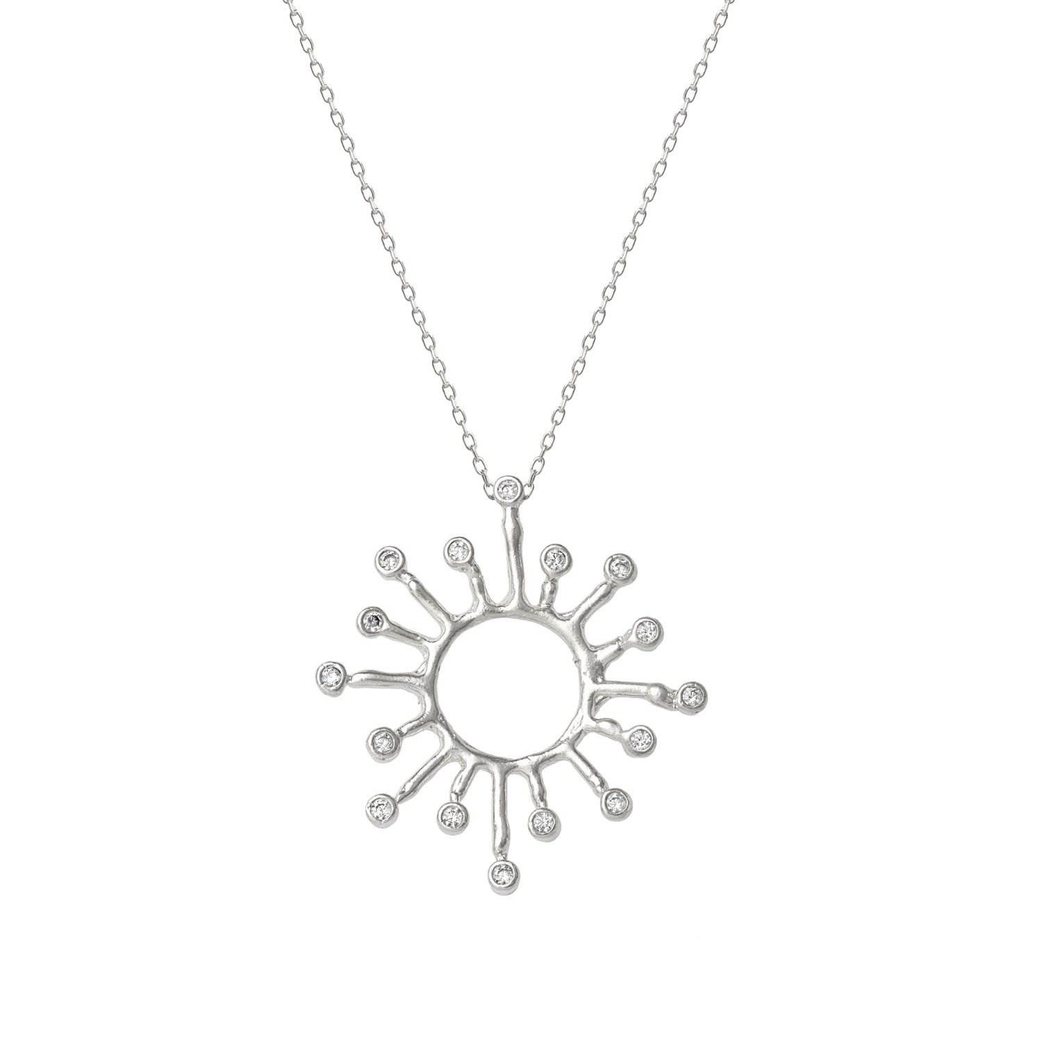 Sun Sunburst Large High Quality Crown Natural Textured Molten Sterling Silver Pendant Necklace - Silver