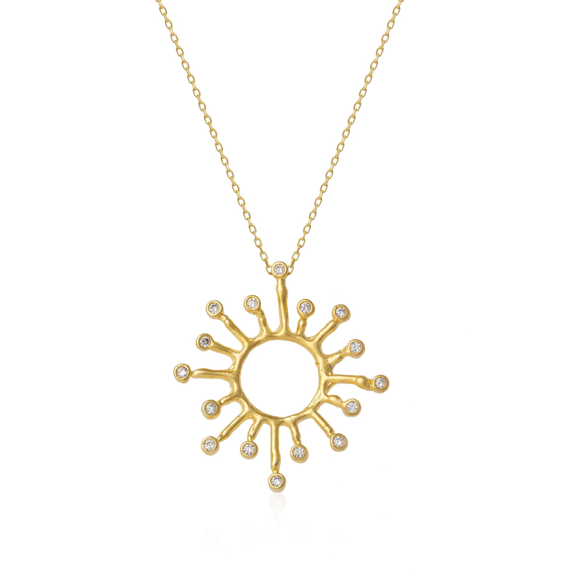 Sun Sunburst Large High Quality Crown Natural Textured Molten Sterling Silver Pendant Necklace - Gold