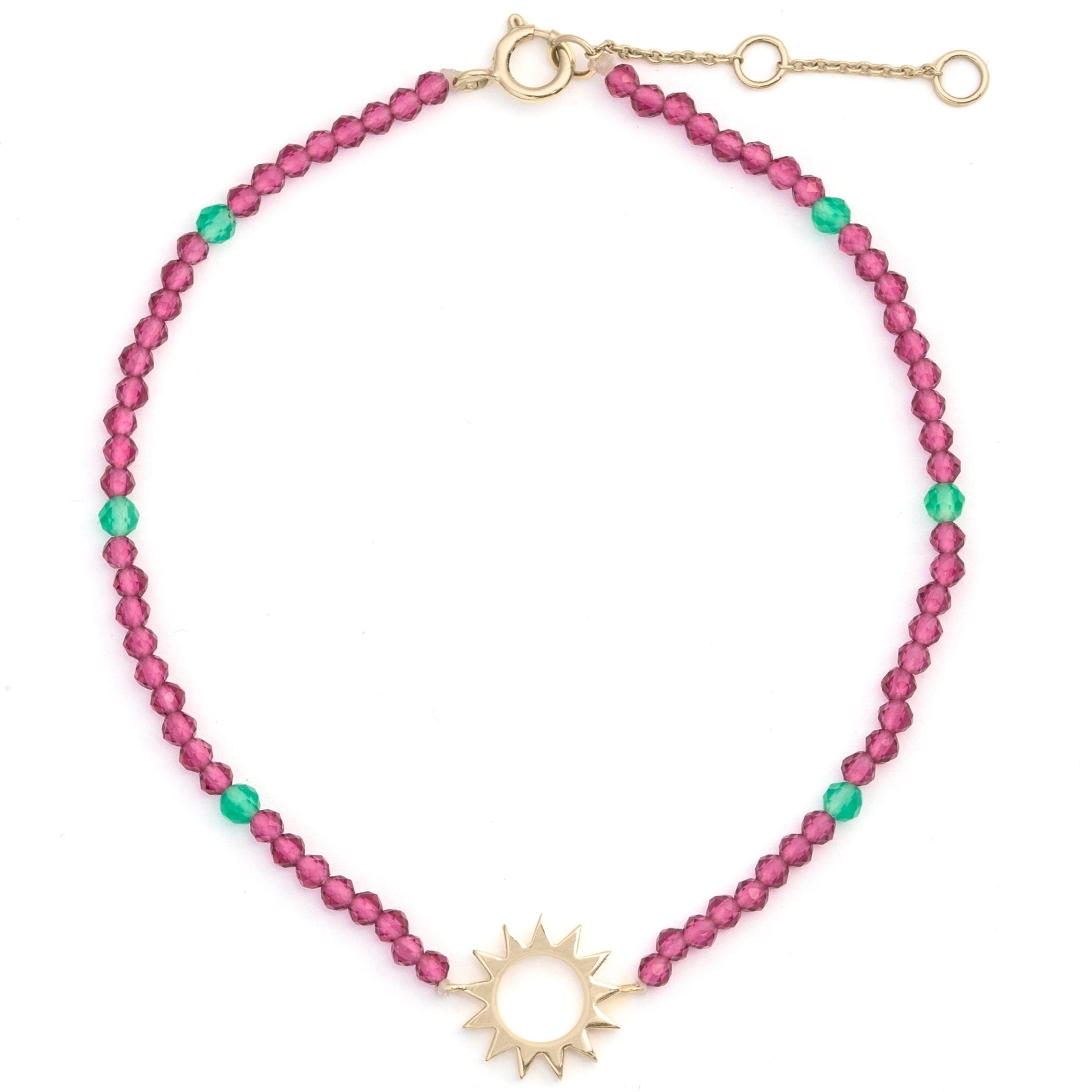 Sunburst Silhouette Pink Quartz & Onyx Beaded Bracelet 9K Gold