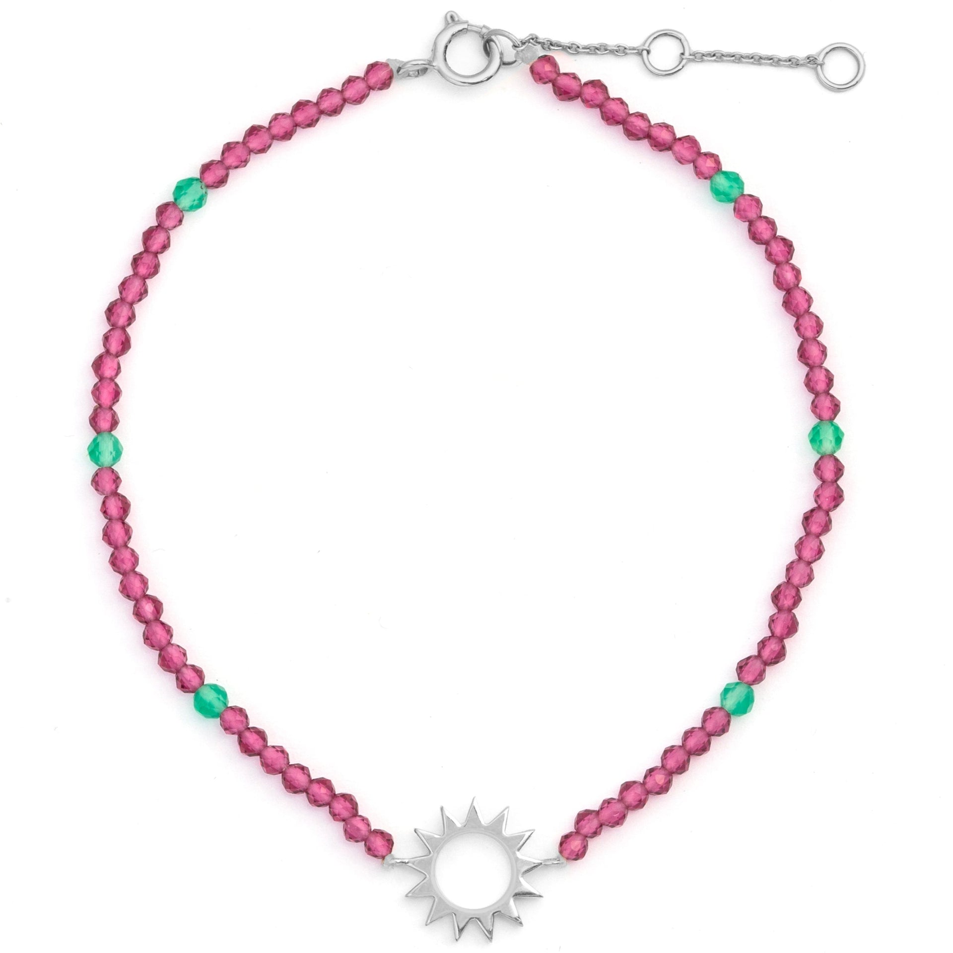 Sunburst Silhouette Pink Quartz & Onyx Beaded Bracelet Sterling Silver