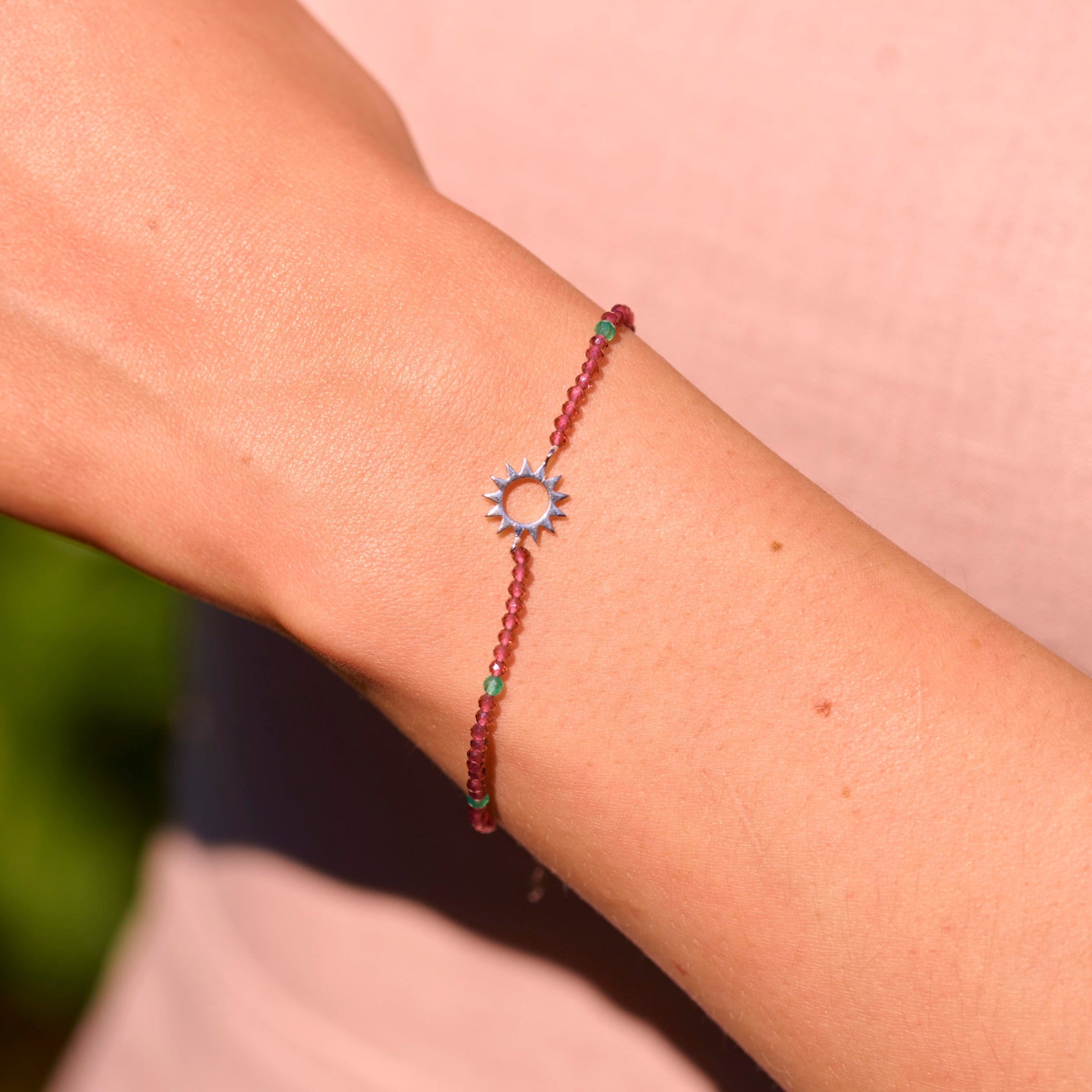 Sunburst Silhouette Pink Quartz & Onyx Beaded Bracelet Sterling Silver