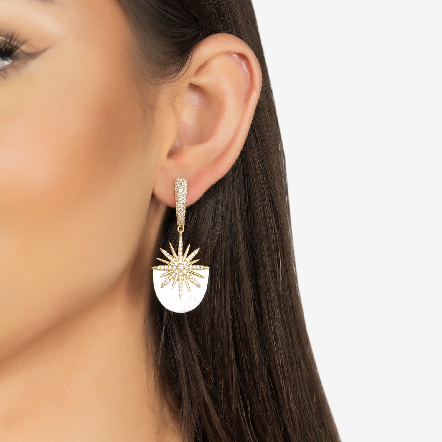 Sunburst White Mother Of Pearl White Gold Earrings