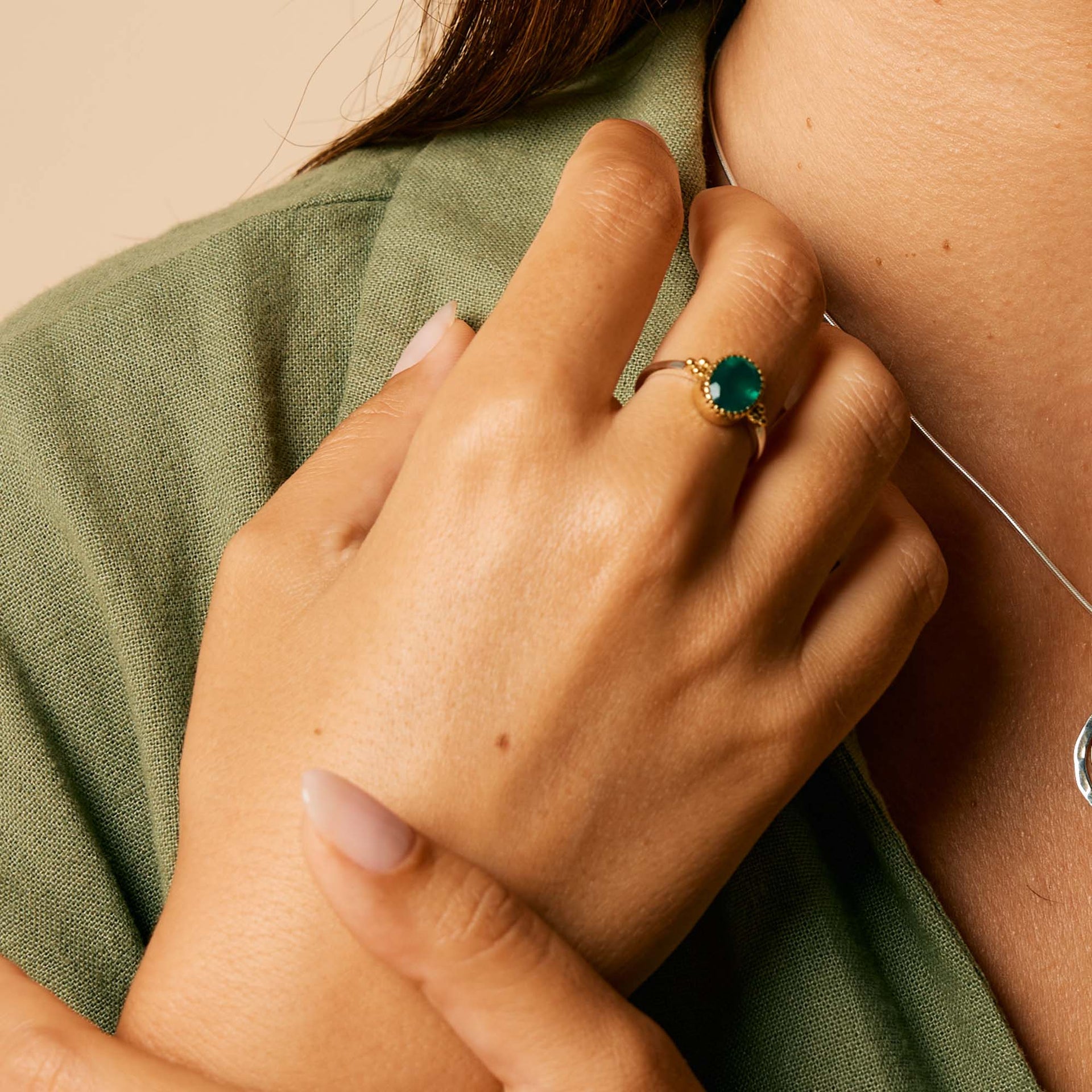 Sundar Silver Ring - Green Onyx