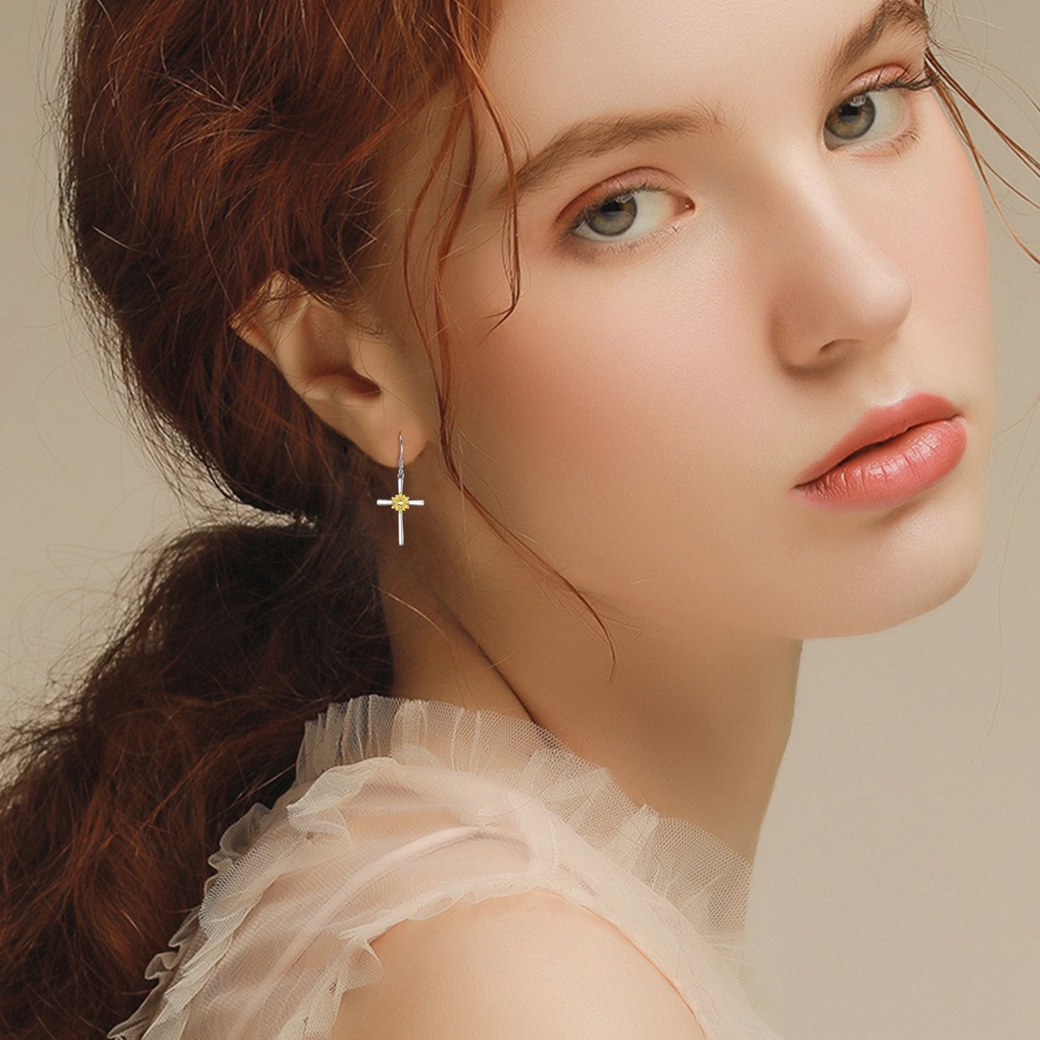 Sterling Silver Sunflower & Cross Drop Earrings