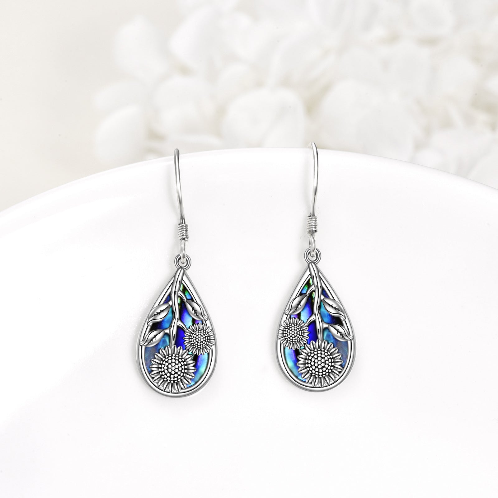 Sterling Silver Abalone Shellfish Sunflower Drop Earrings for Women
