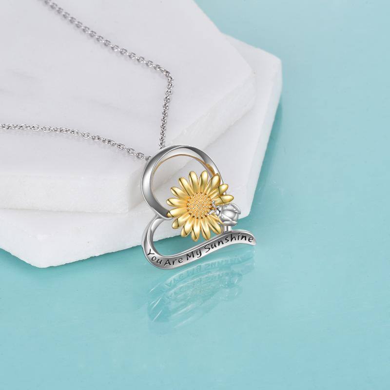 Sterling Silver Two-tone Ladybug Sunflower Heart Engraved Necklace for Women