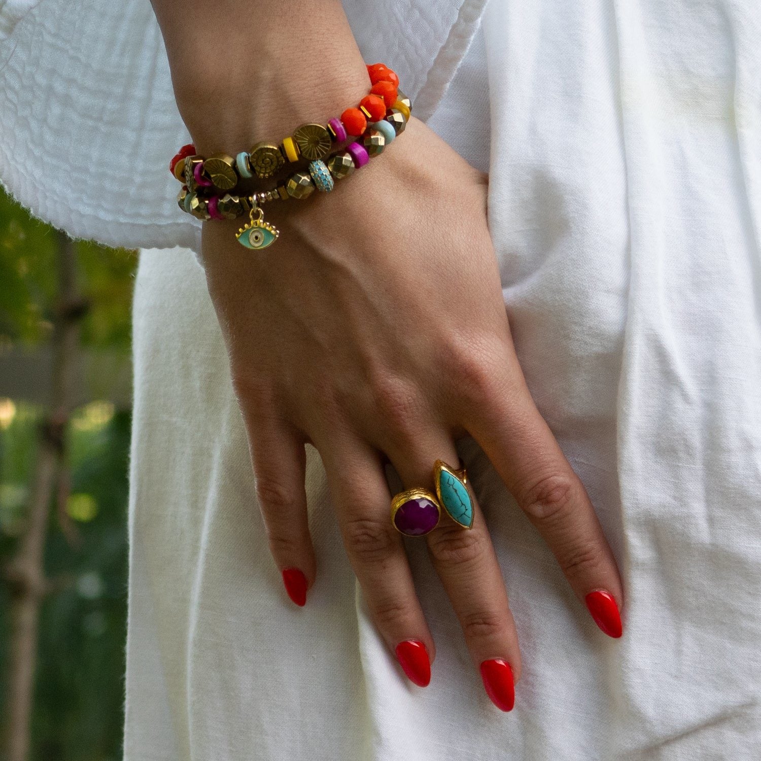 Sunset Breeze Evil Eye Beaded Bracelet Set - Multicolour
