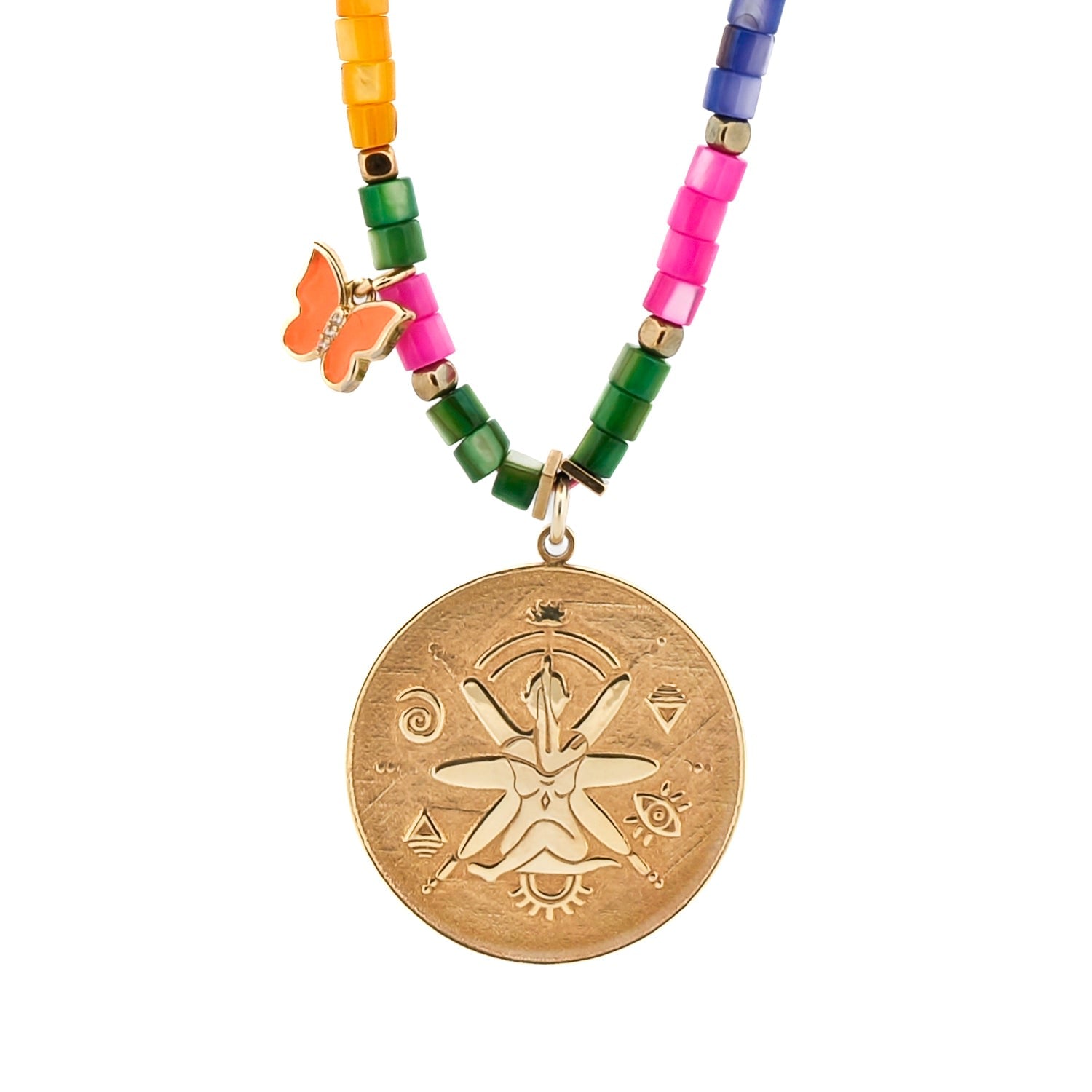 Spiritual Symbol Gold Pendant Colorful Beaded Necklace - Multicolor