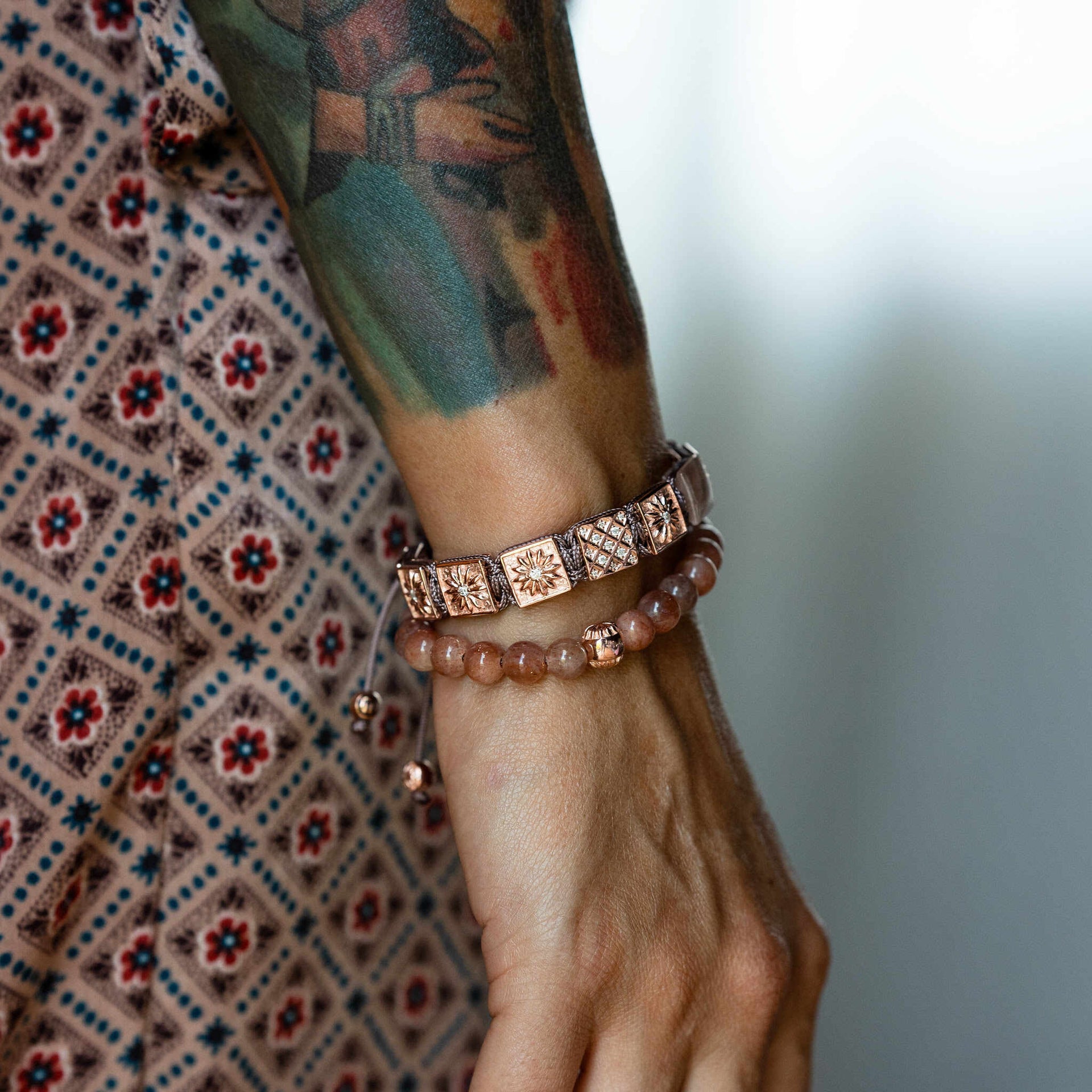 Sunstone Bracelet With Dark Mauve String & Rose Gold