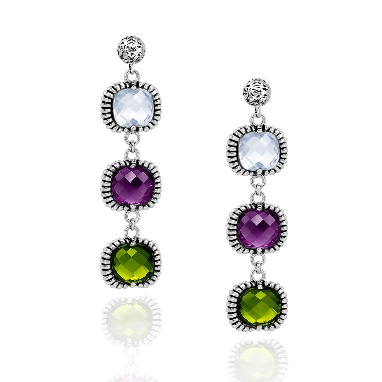 Super Fantasy Earrings Silver– Timeless Elegance With Three Crystal Blue-Purple-Green