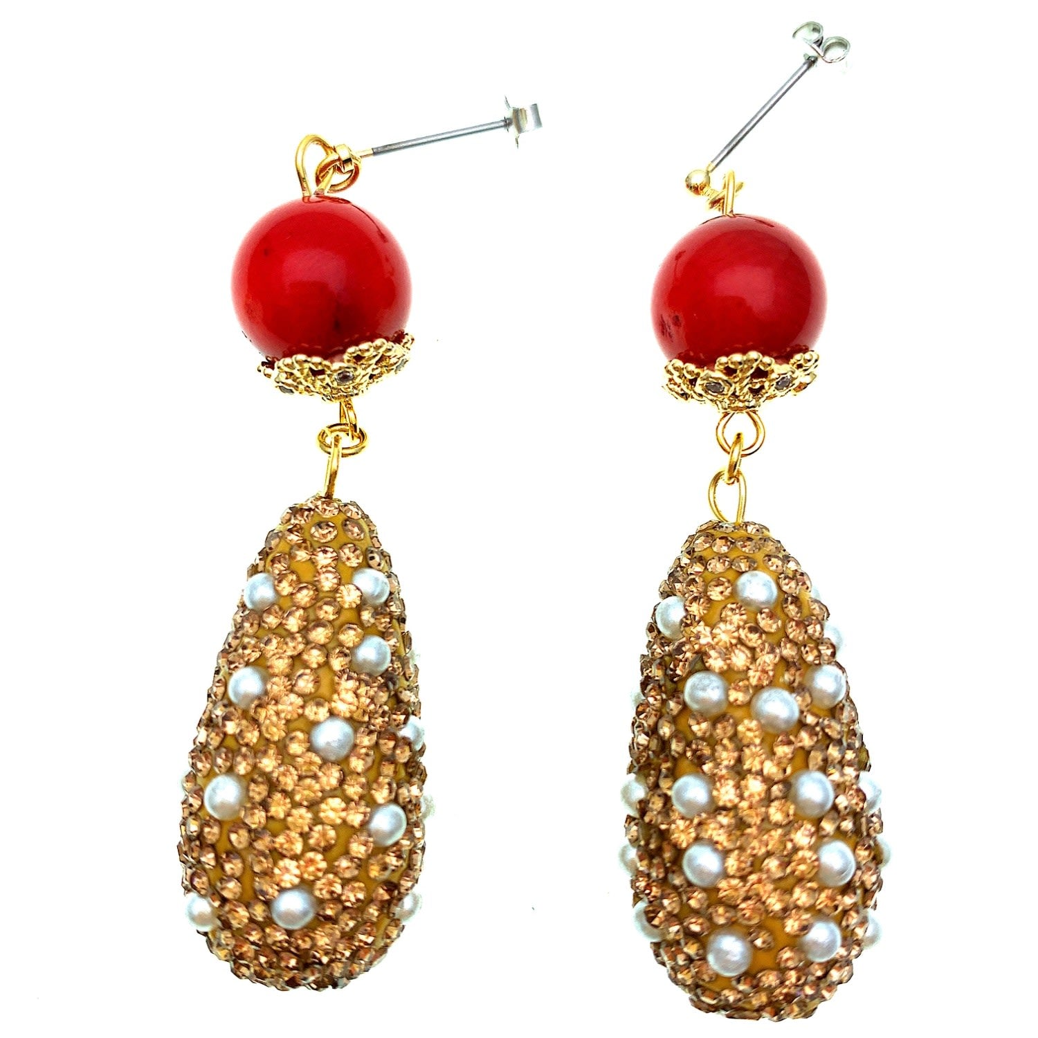 Red Coral With Teardrop Rhinestones Statement Earrings