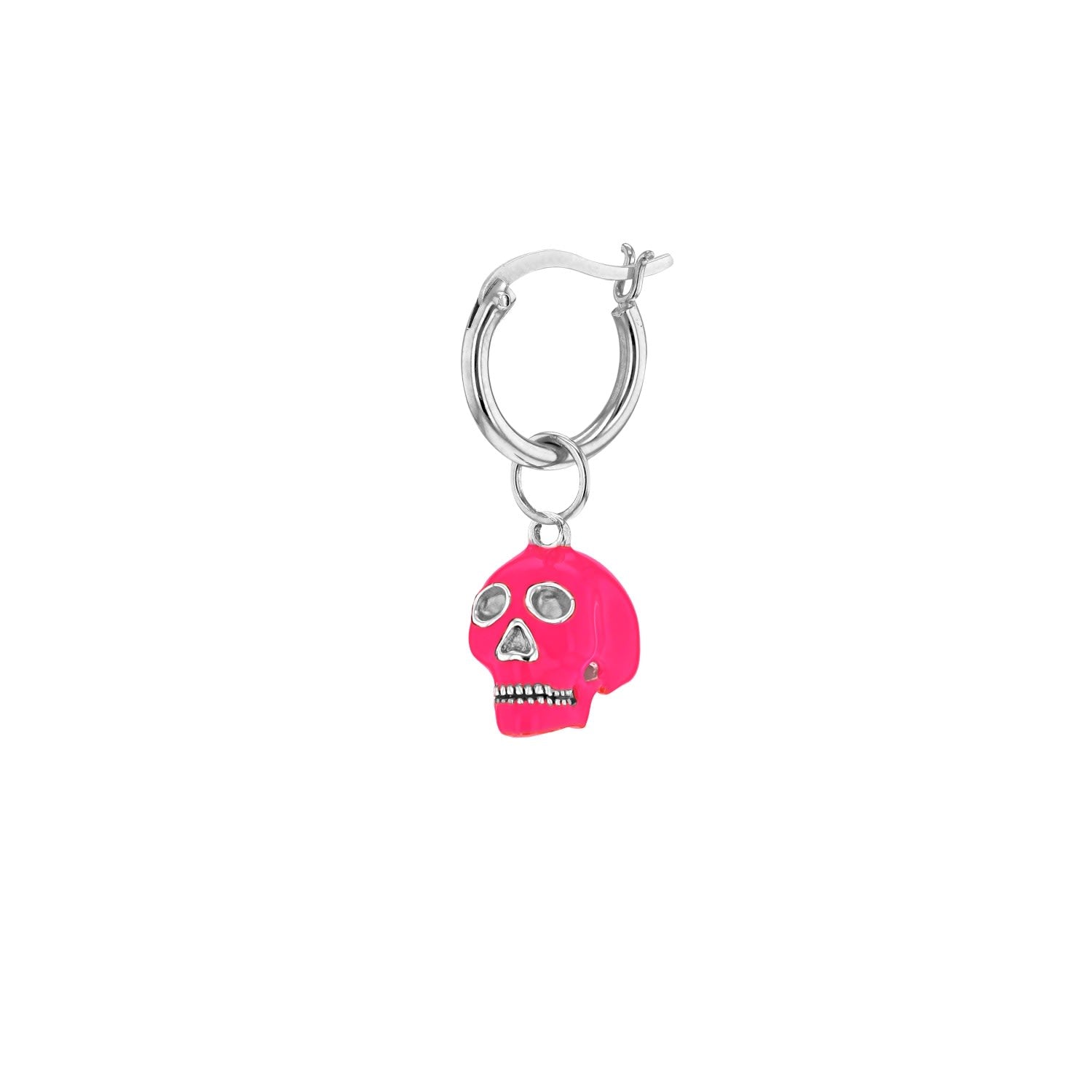 Neon Pink & Sterling Silver Mini Skull Pendant Hung On Silver Fine Chain