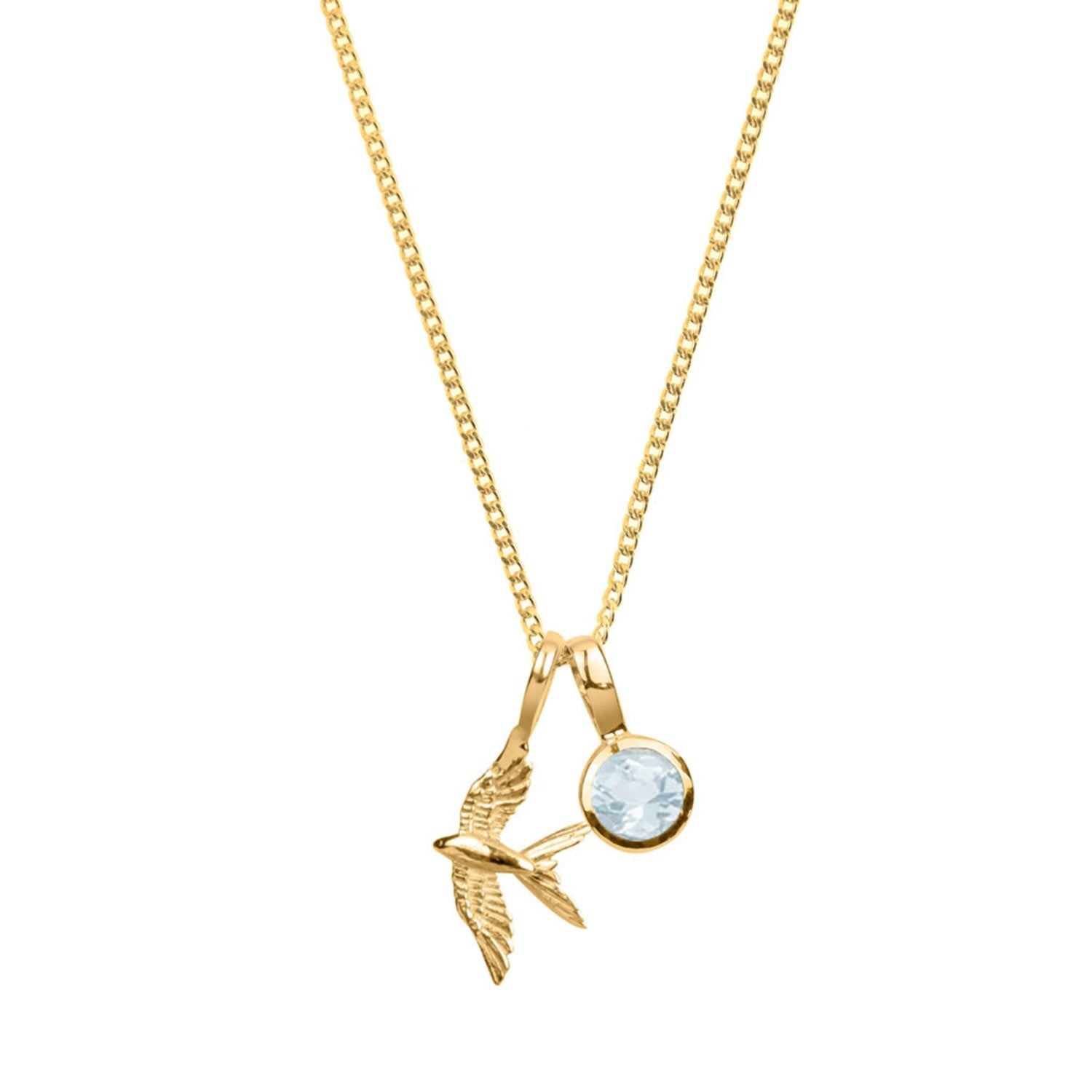 Swallow In Flight Gold Necklace With Blue Topaz Birthstone Charm