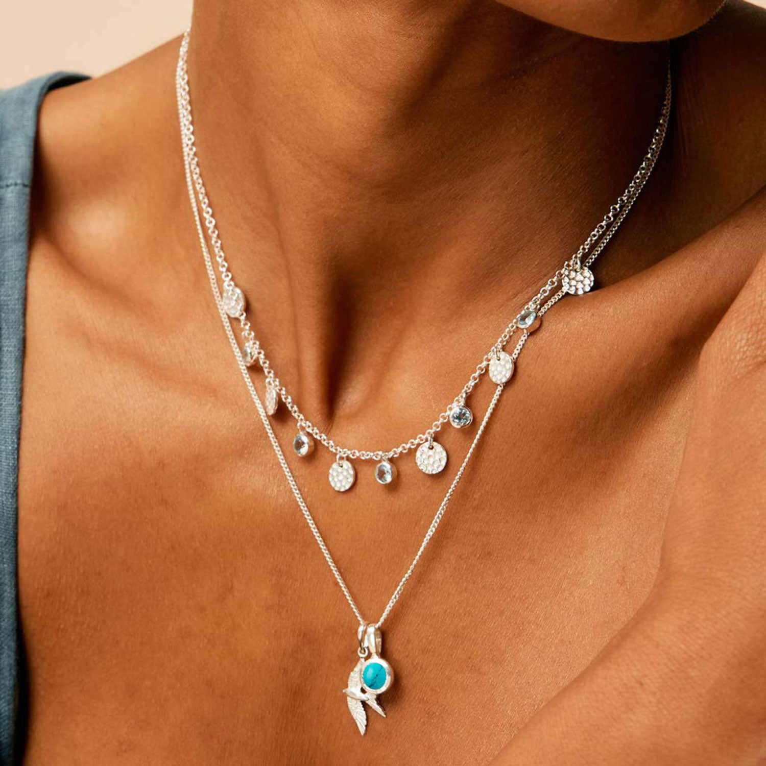 Swallow In Flight Silver Necklace With Turquoise Birthstone Charm