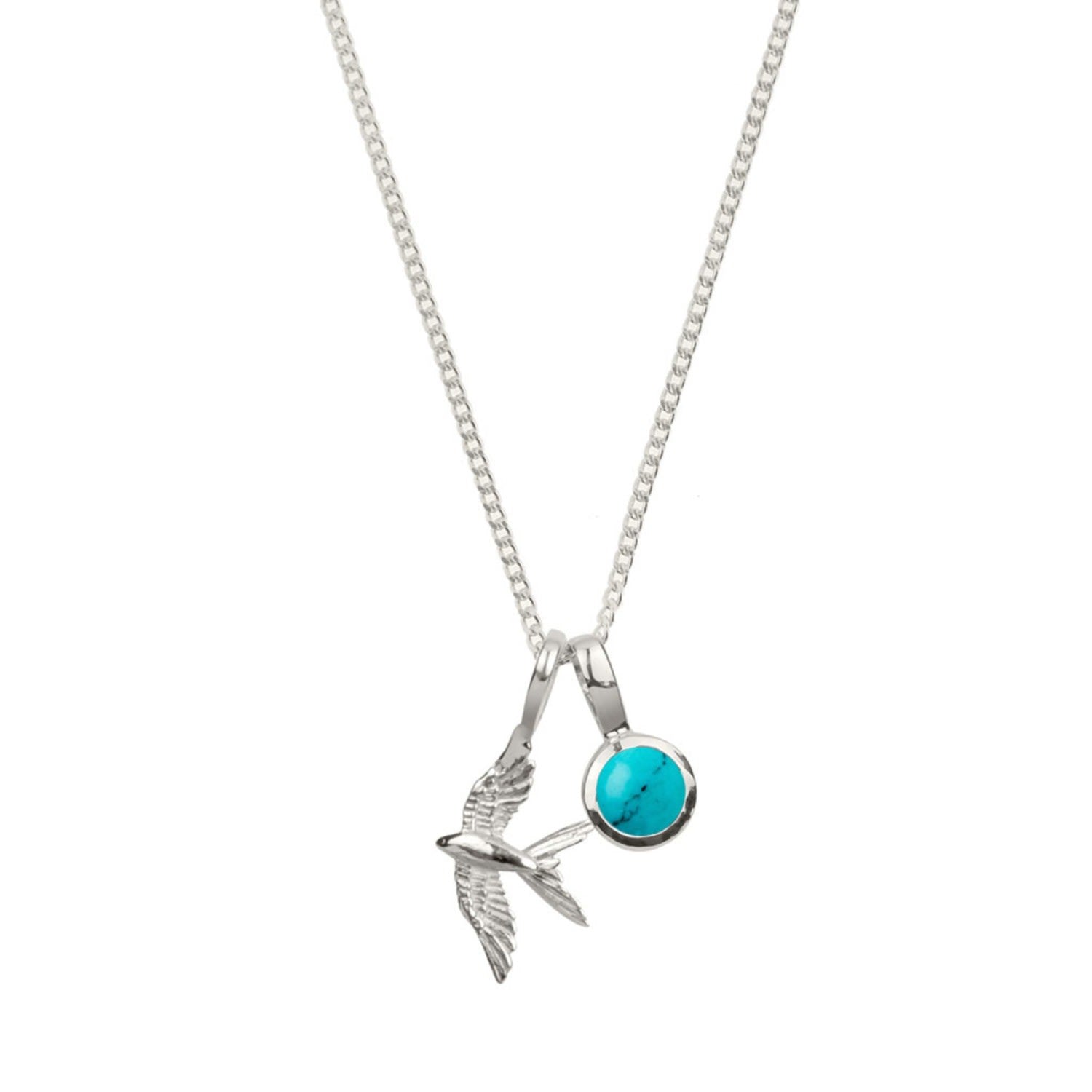 Swallow In Flight Silver Necklace With Turquoise Birthstone Charm