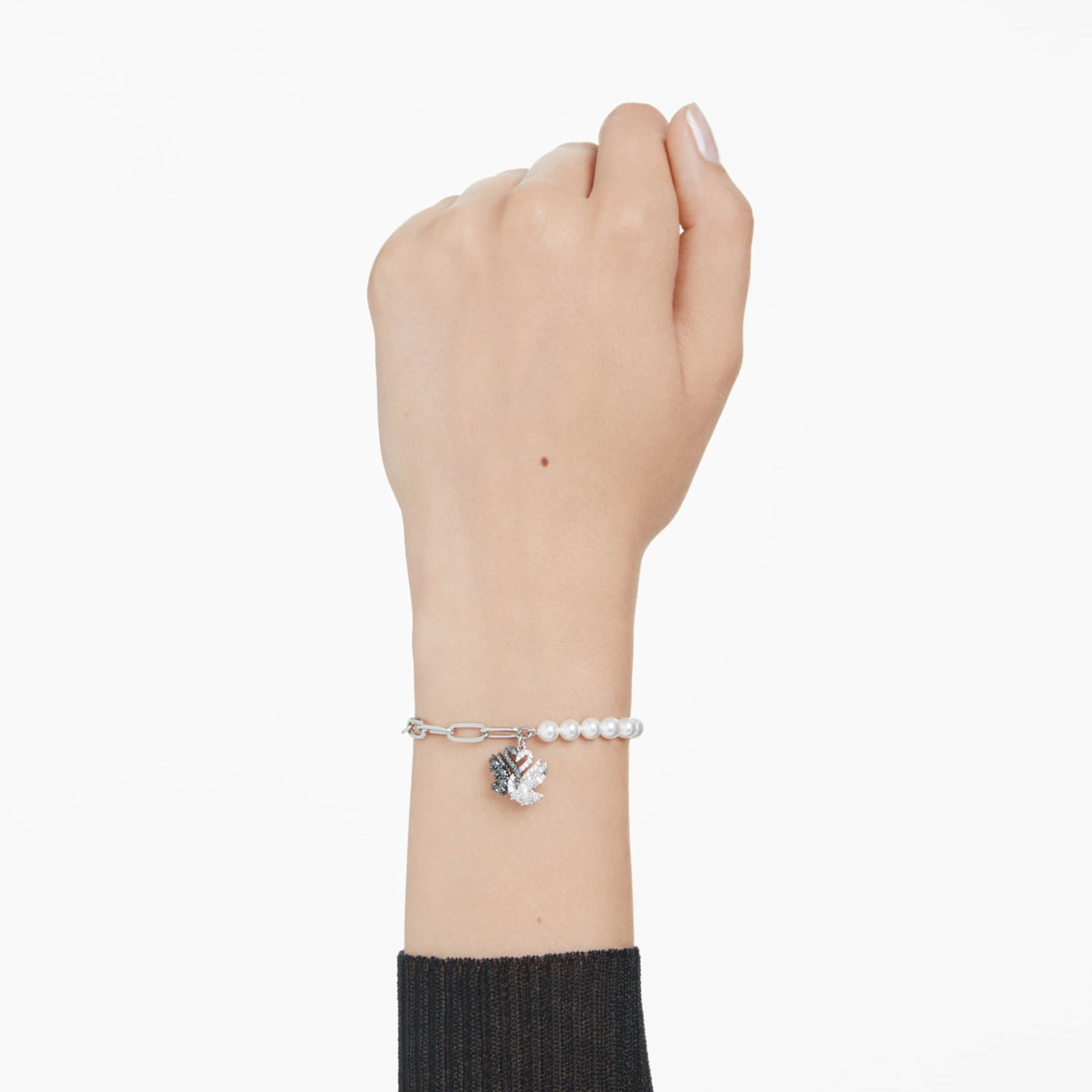 SWAN BRACELET CRYSTAL PEARL SWAN BLACK MIXED METAL FINISH