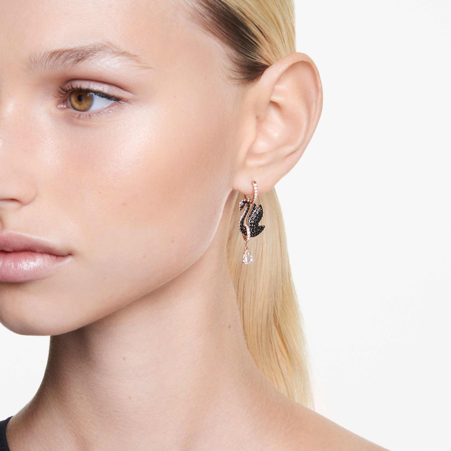 SWAN DROP EARRINGS SWAN BLACK ROSE GOLD TONE PLATED