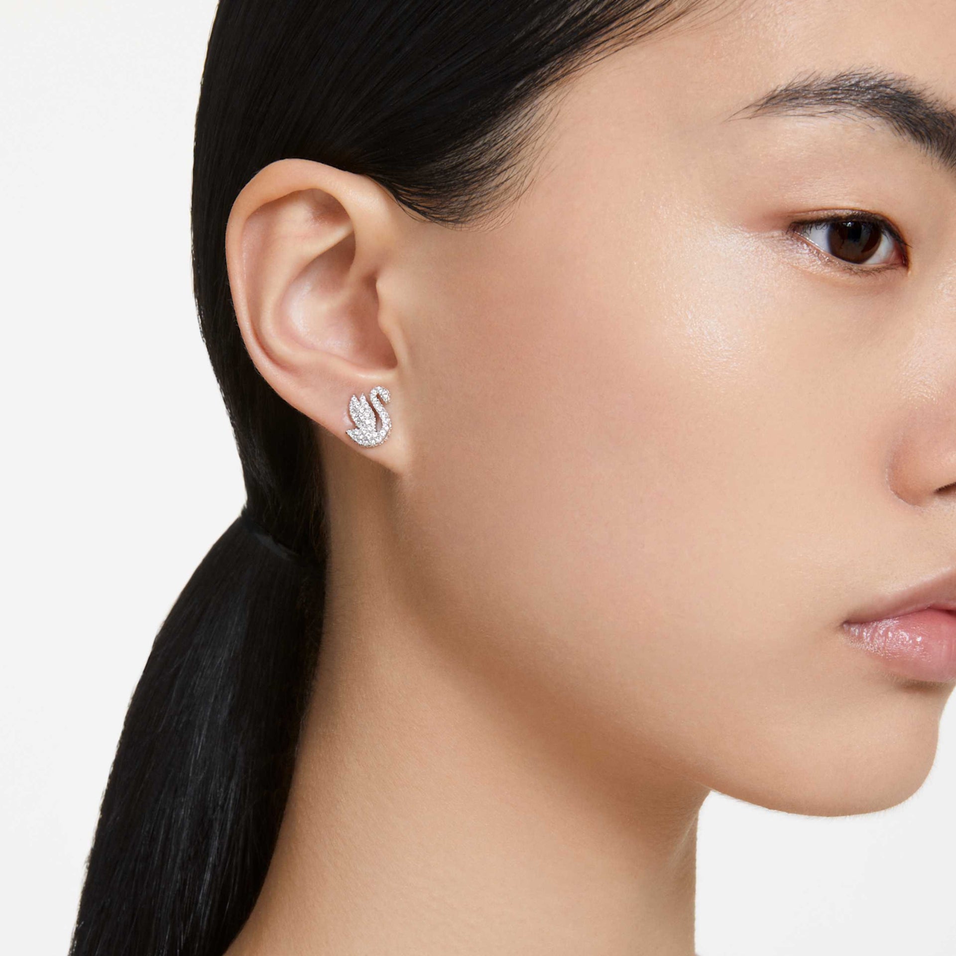 SWAN STUD EARRINGS SWAN WHITE RHODIUM PLATED