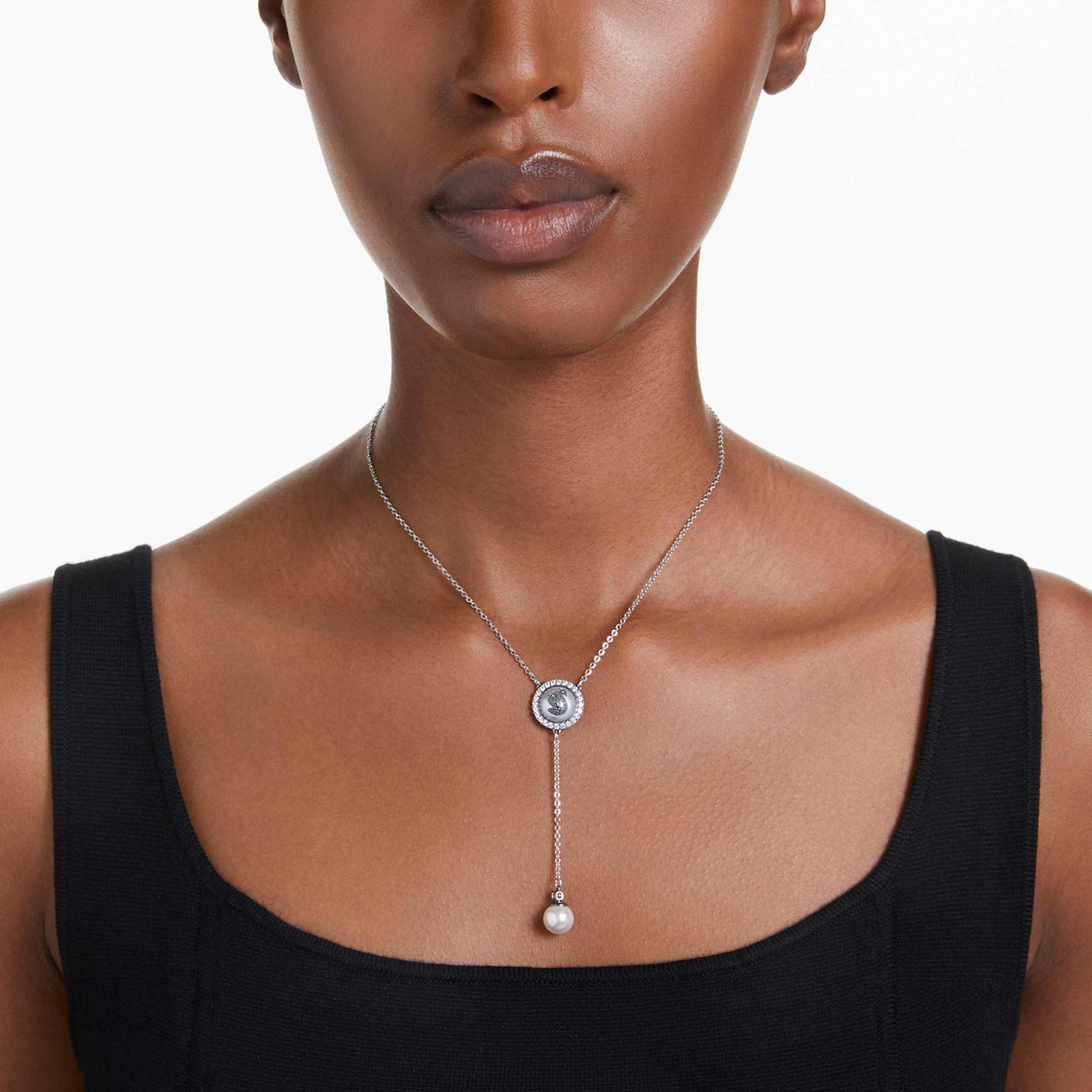 SWAN Y PENDANT CRYSTAL PEARL SWAN GRAY RHODIUM PLATED