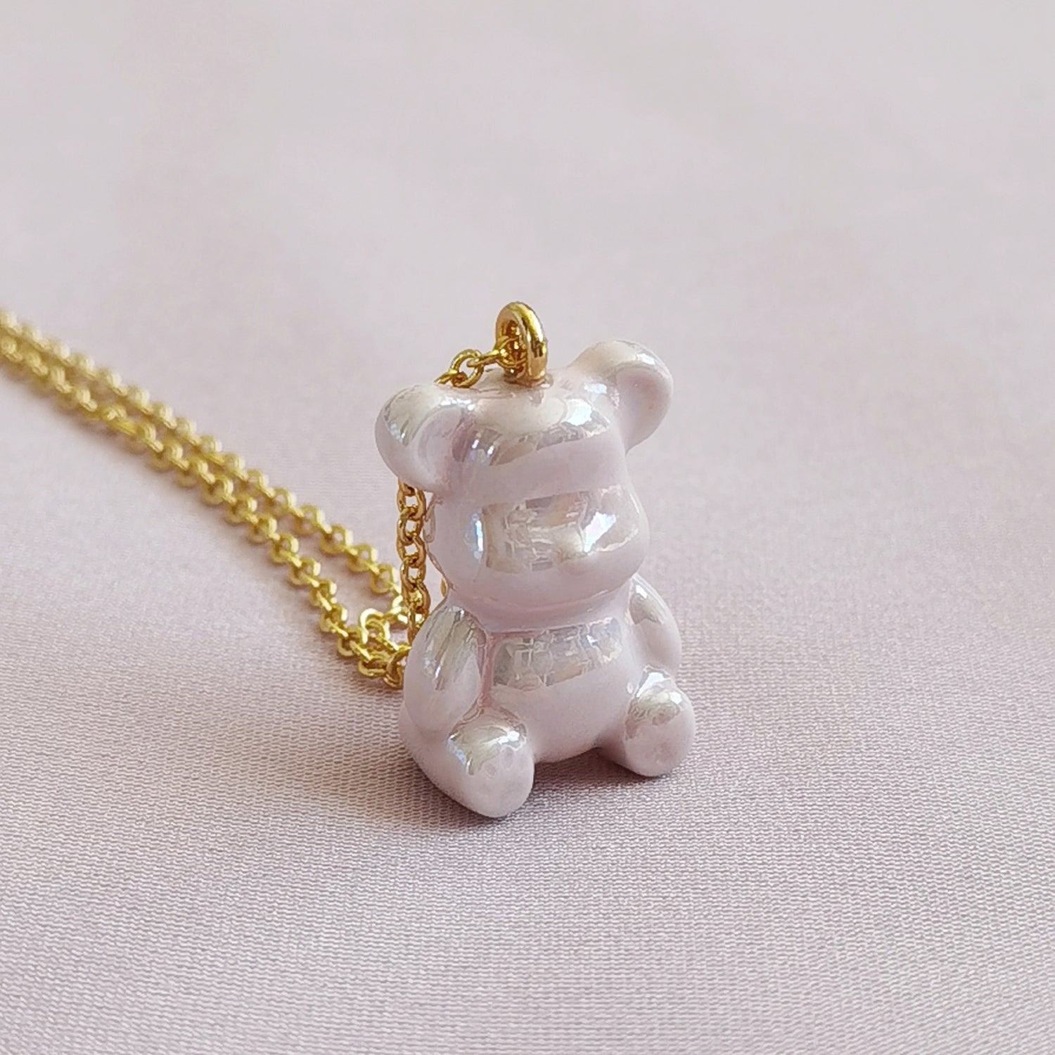 Sweet Pink Porcelain Teddy Bear Necklace