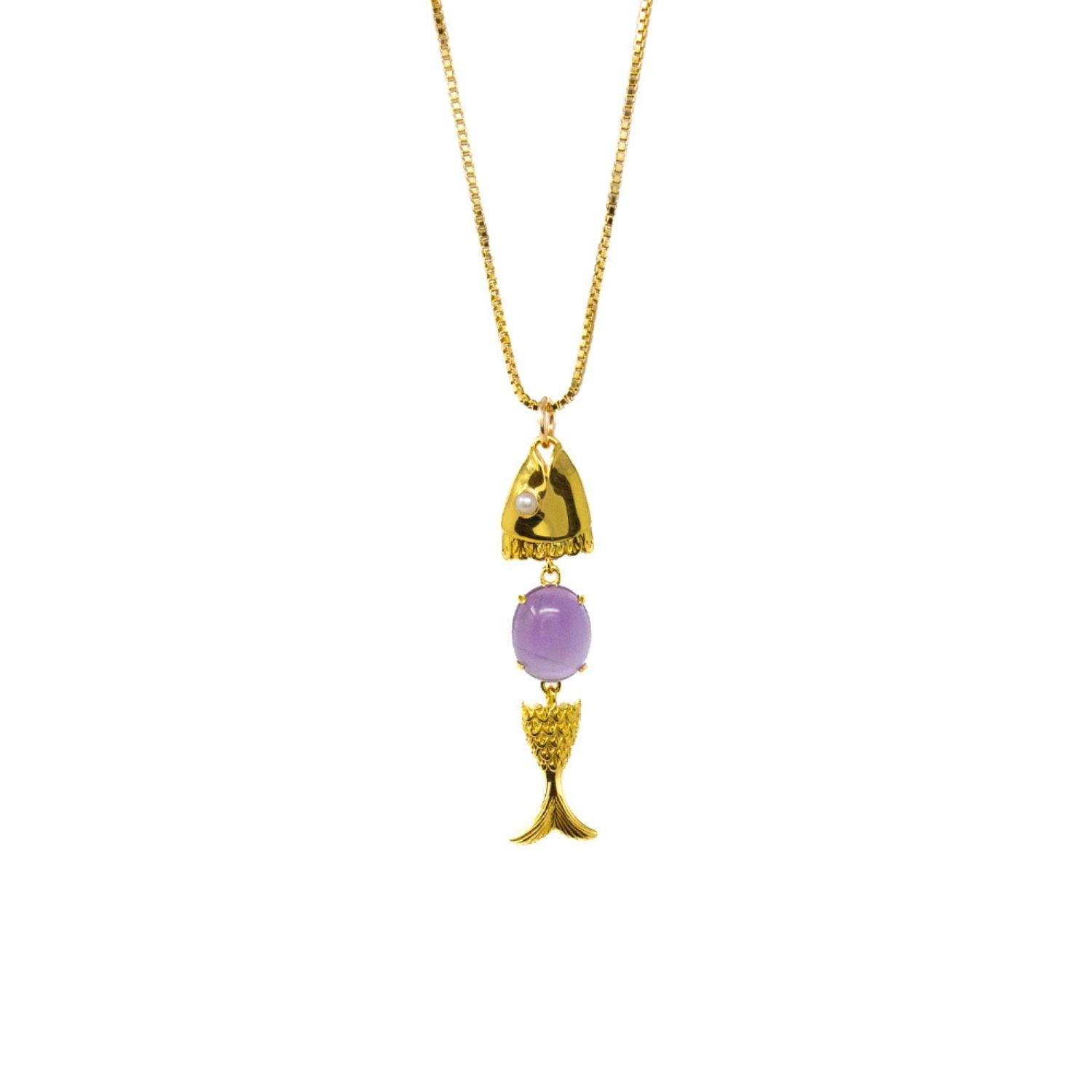 Swimming Fish Neshama Pendant- Amethyst & Freshwater Pearl- Gold