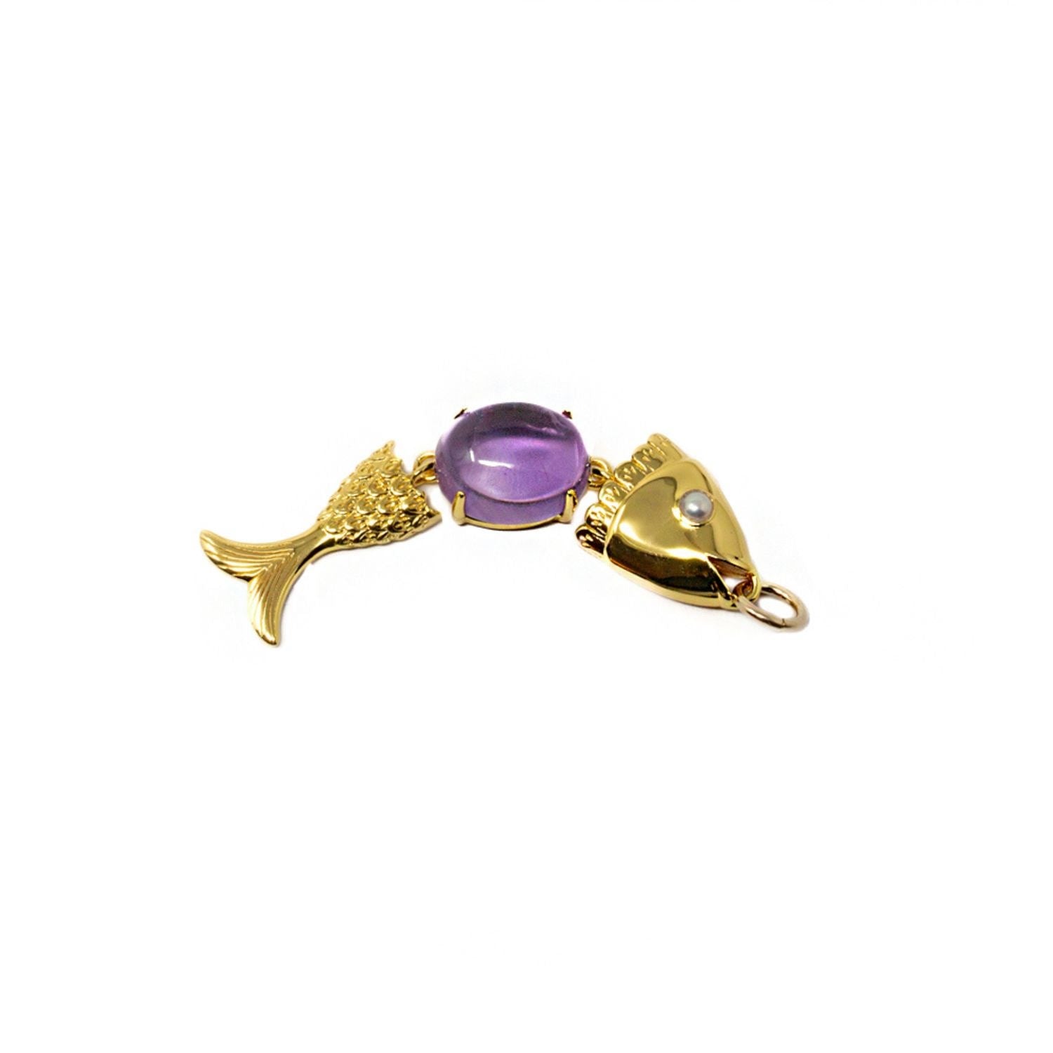 Swimming Fish Neshama Pendant- Amethyst & Freshwater Pearl- Gold