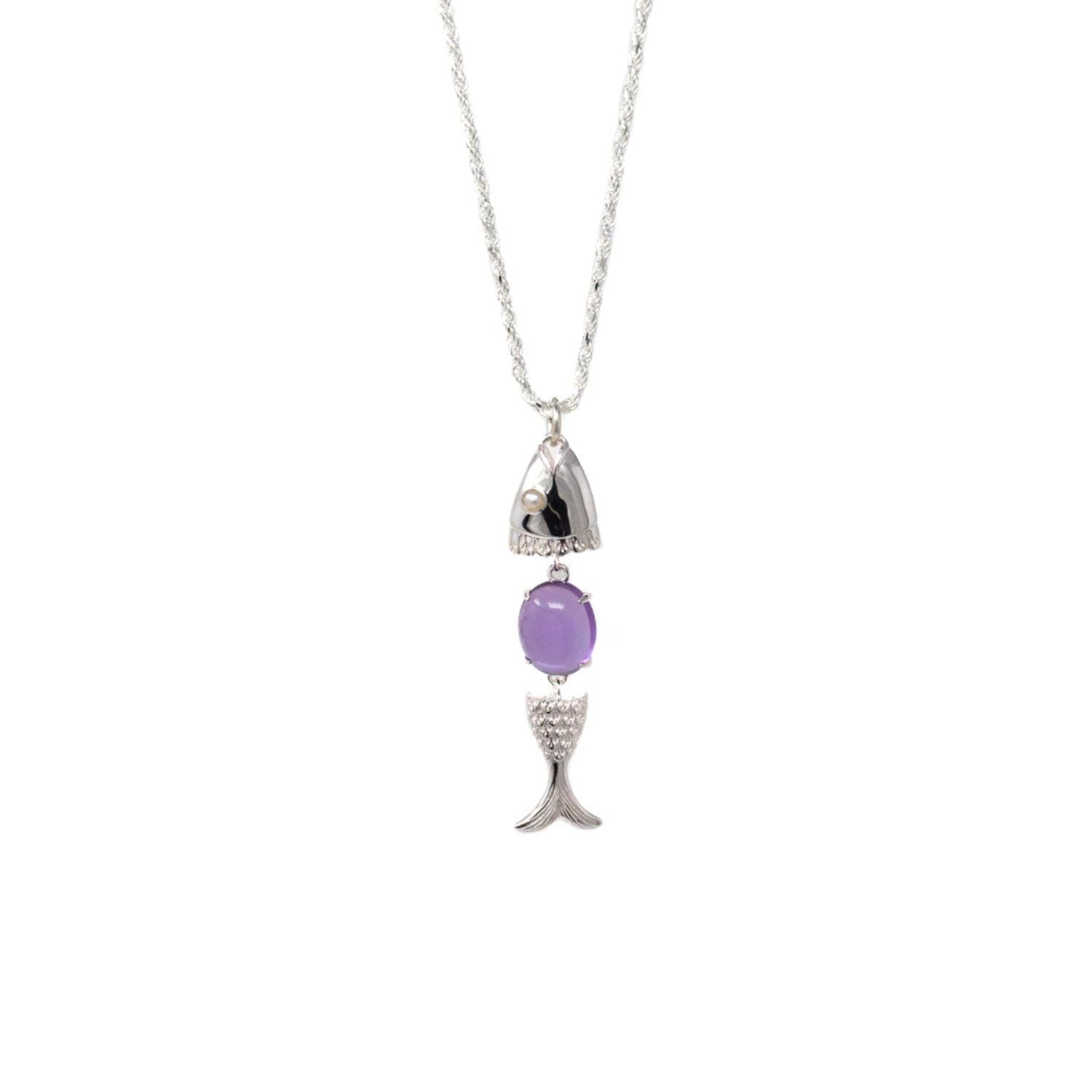 Swimming Neshama Fish Pendant- Amethyst & Freshwater Pearl- Silver
