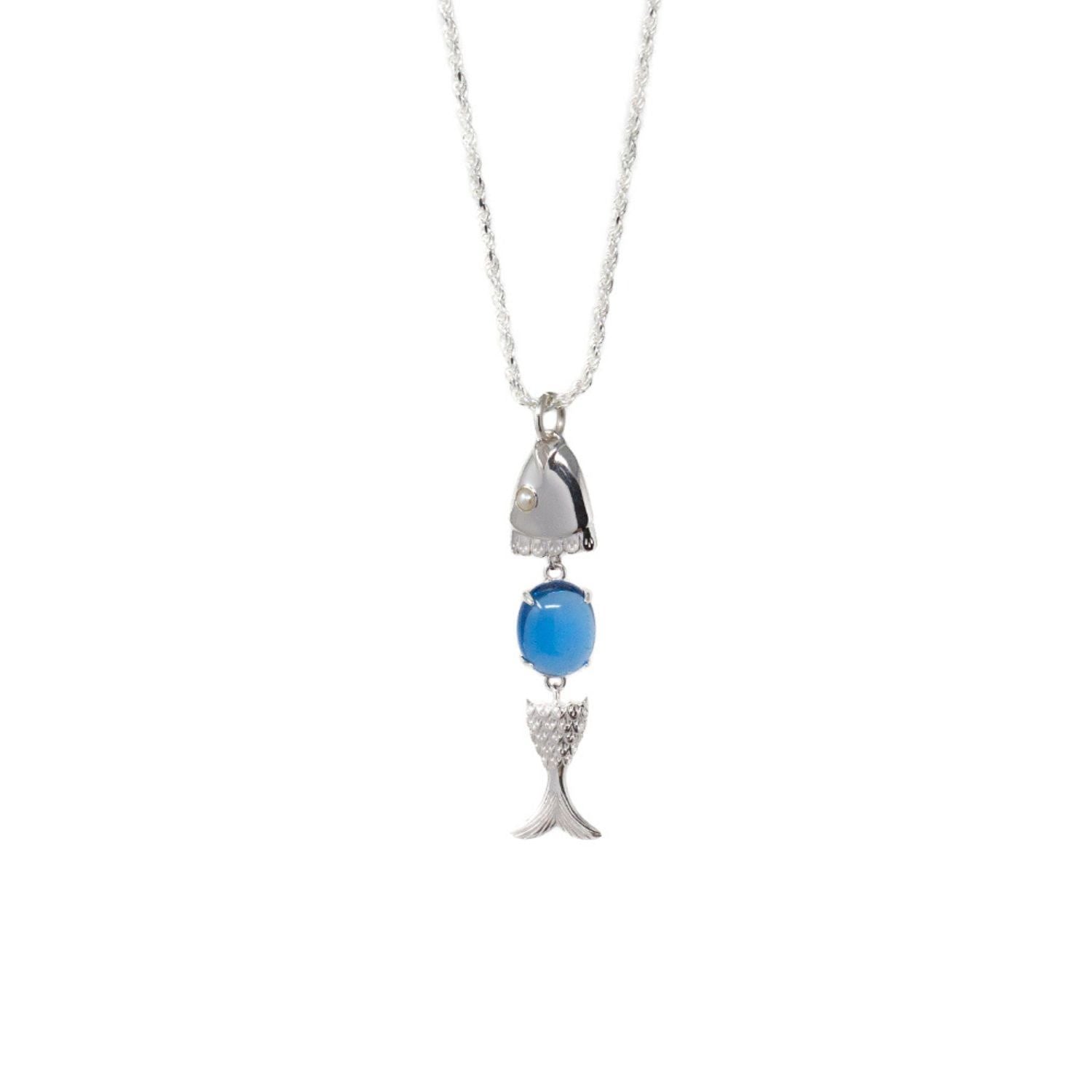 Swimming Fish Neshama Pendant- Blue Spinel- Silver