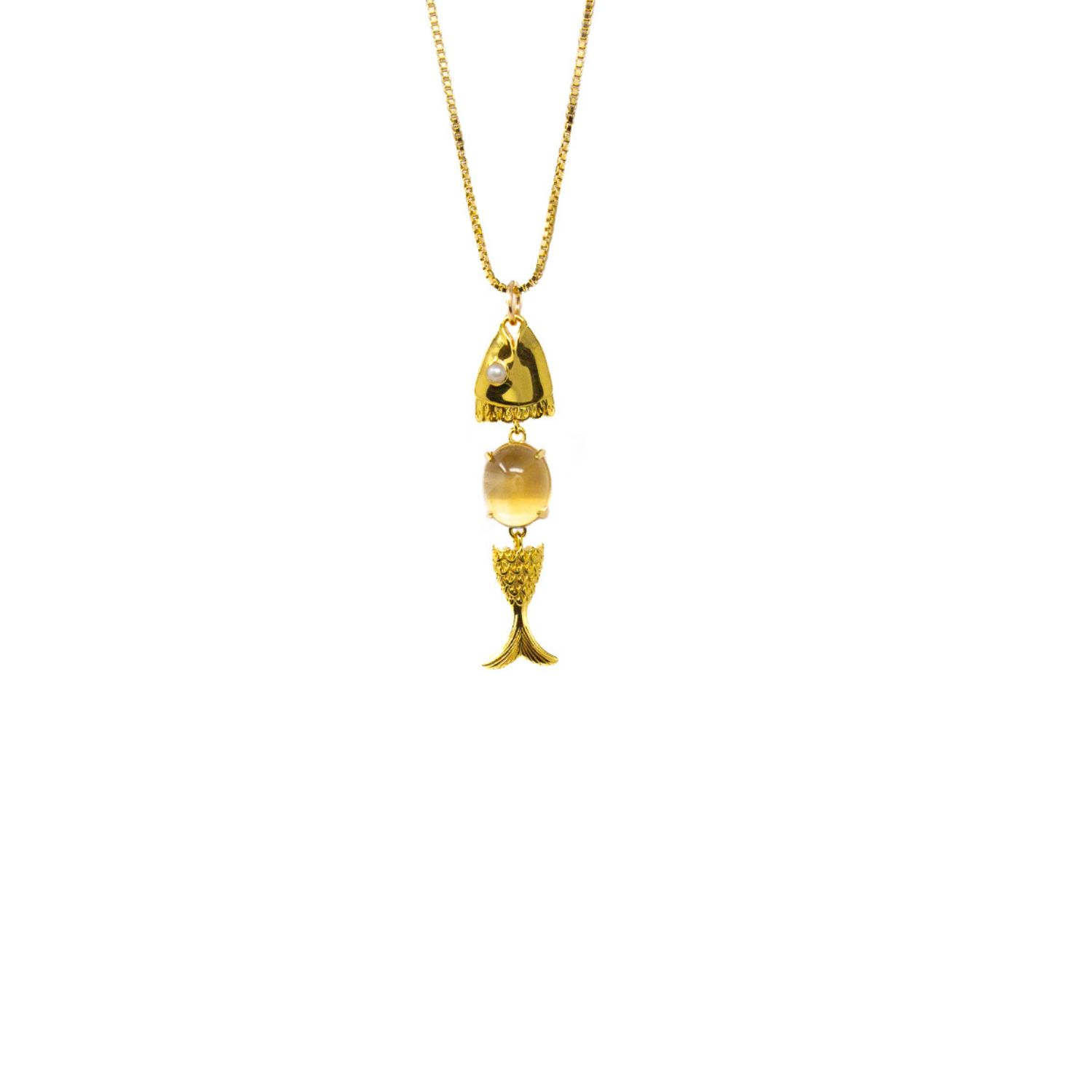 Swimming Fish Neshama Pendant- Citrine & Freshwater Pearl, Gold