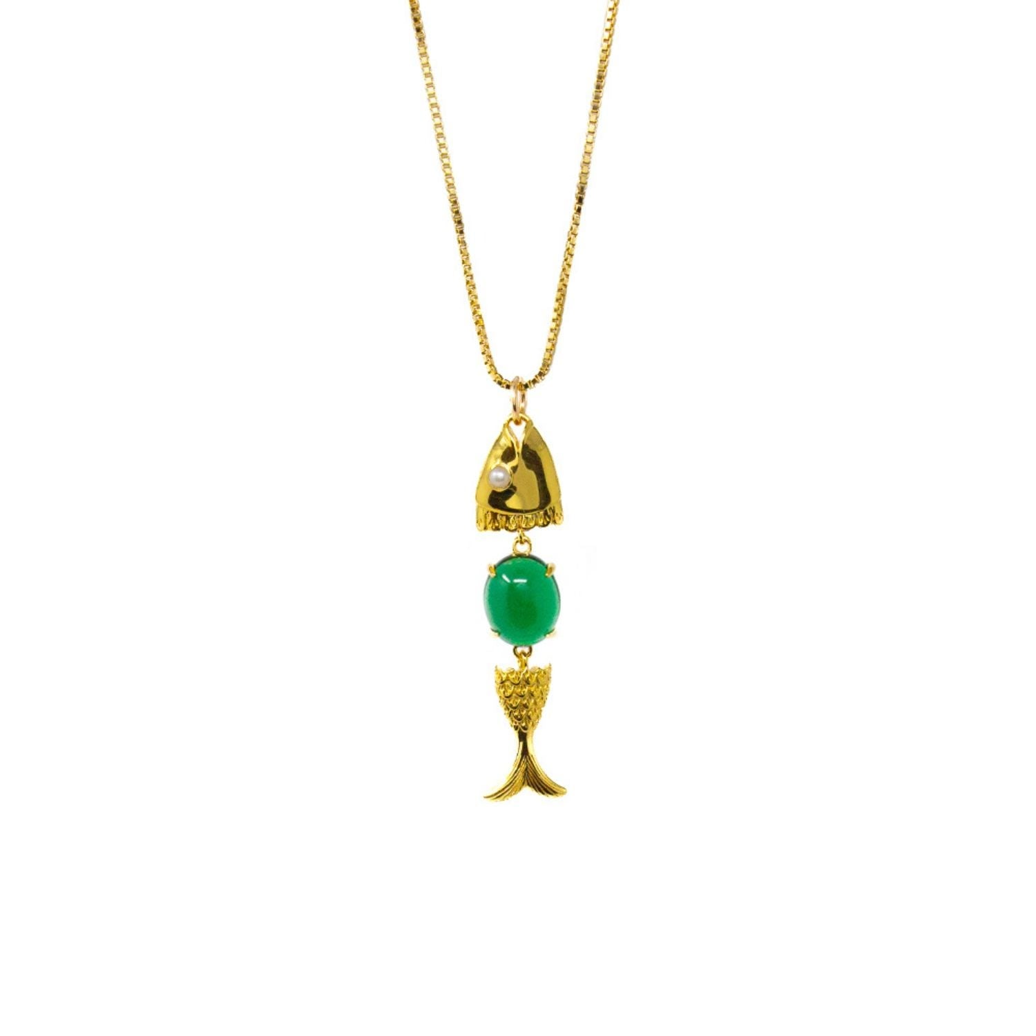 Swimming Neshama Fish Pendant- Green Spinel & Freshwater Pearl- Gold