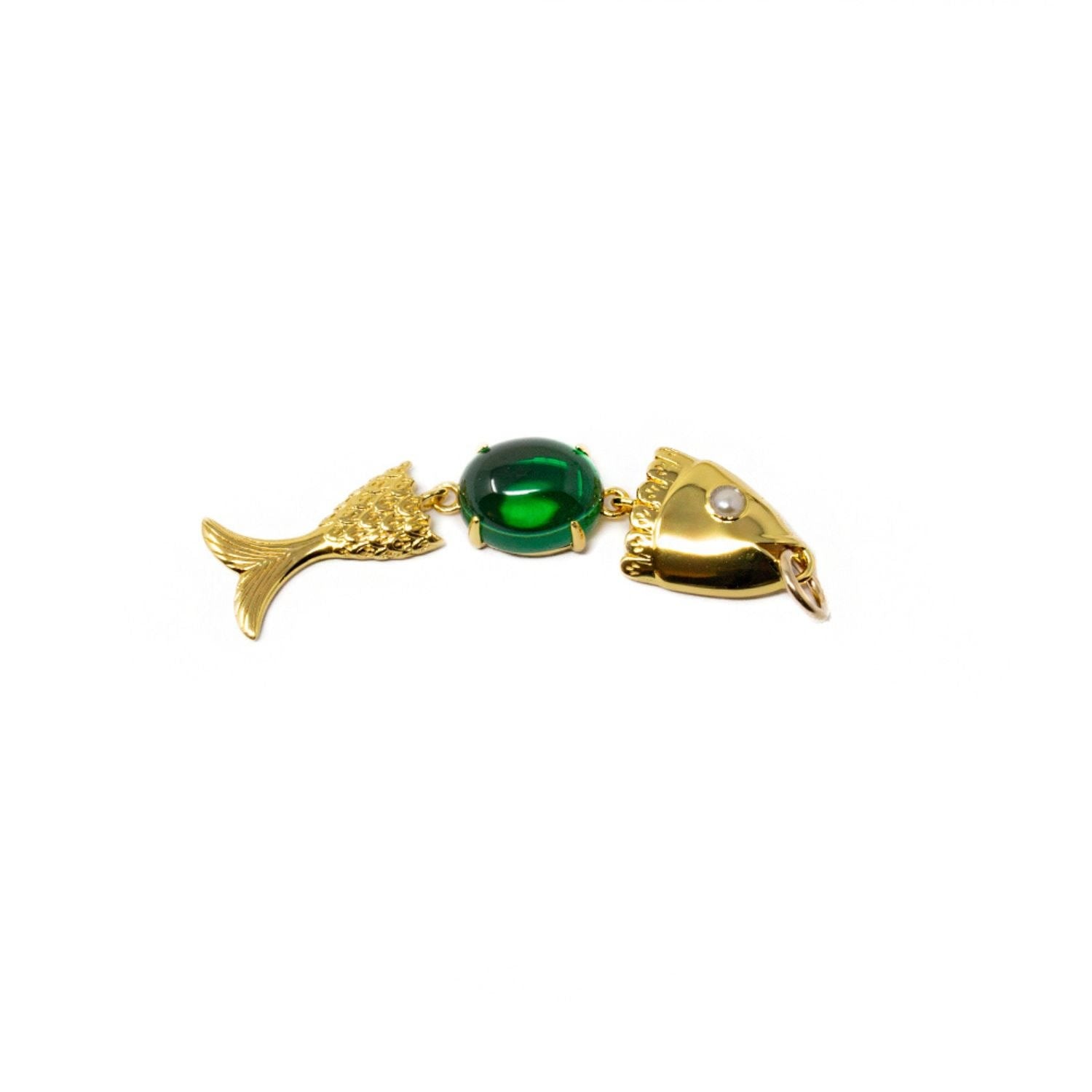 Swimming Neshama Fish Pendant- Green Spinel & Freshwater Pearl- Gold