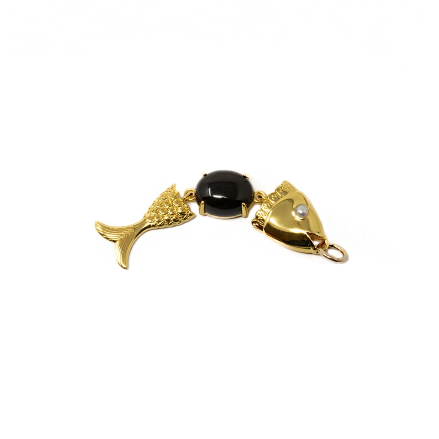 Swimming Fish Neshama Pendant- Onyx & Freshwater Pearl- Gold